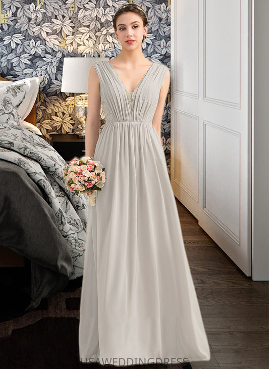 Beryl A-Line V-neck Floor-Length Chiffon Lace Bridesmaid Dress With Ruffle DSP0013238