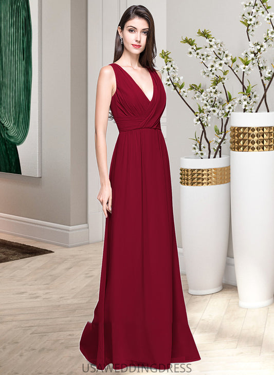 Camila A-line V-Neck Floor-Length Chiffon Bridesmaid Dress With Ruffle DSP0013240