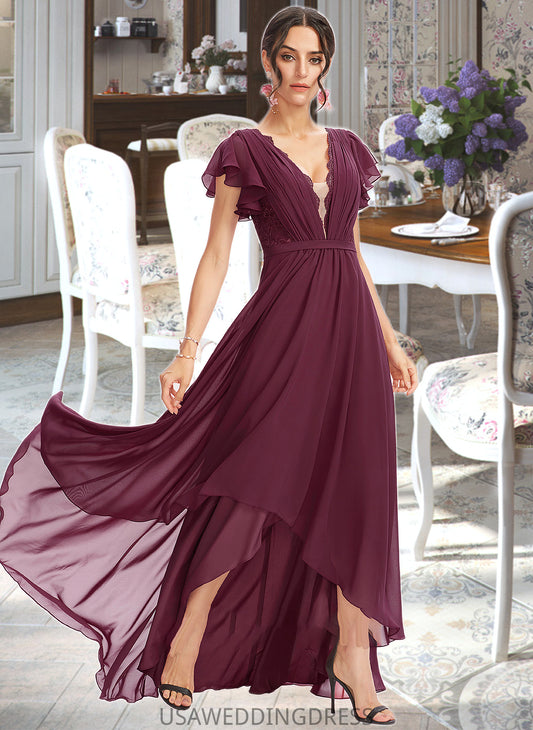 Mya A-Line V-neck Asymmetrical Bridesmaid Dress With Lace Cascading Ruffles DSP0013243