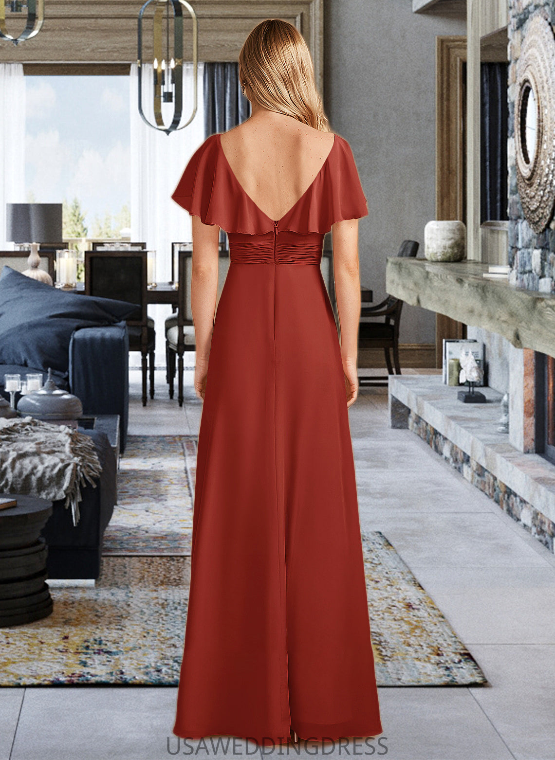 Giada A-Line High Neck Floor-Length Bridesmaid Dress With Ruffle Split Front DSP0013271