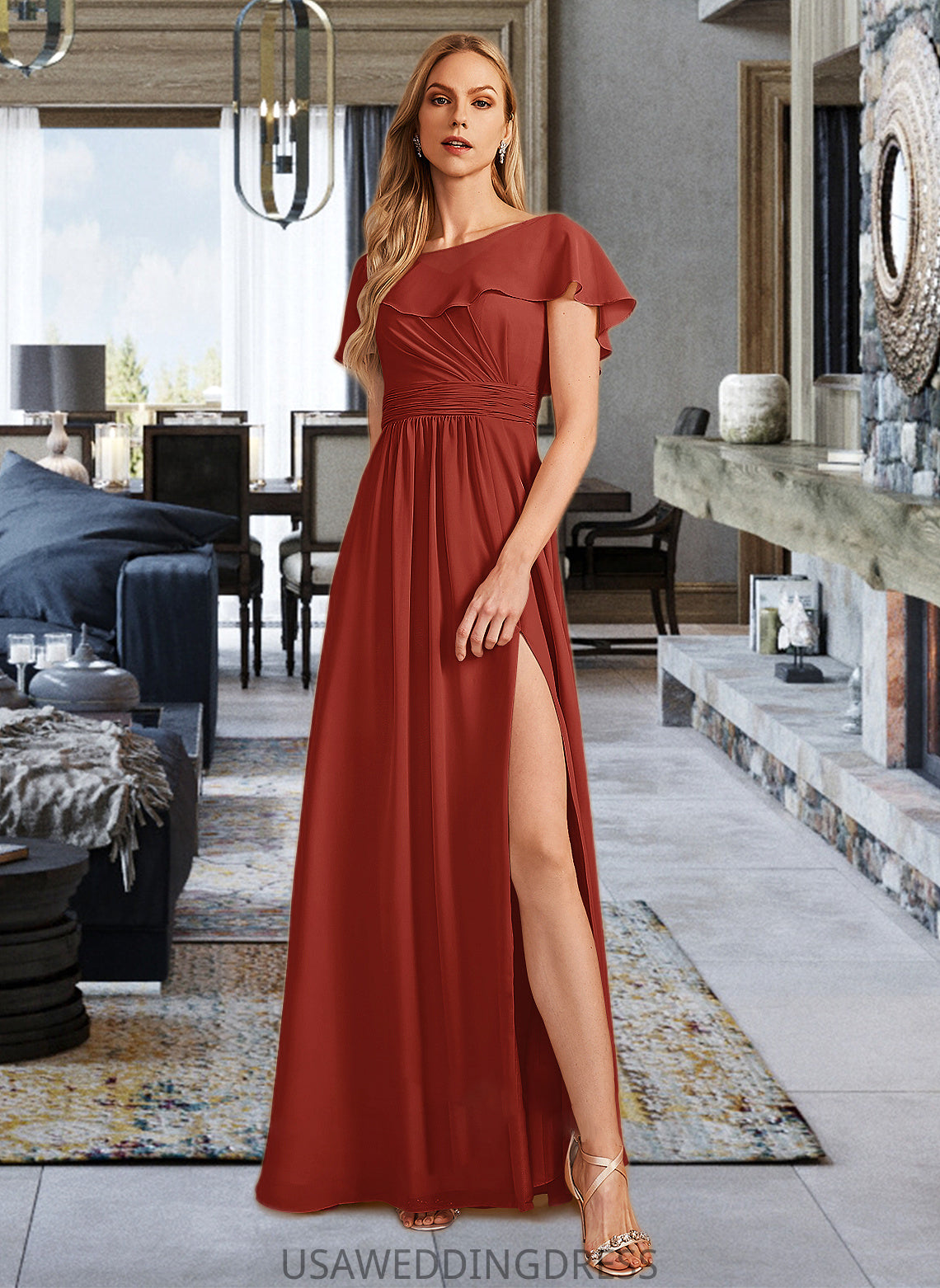 Giada A-Line High Neck Floor-Length Bridesmaid Dress With Ruffle Split Front DSP0013271