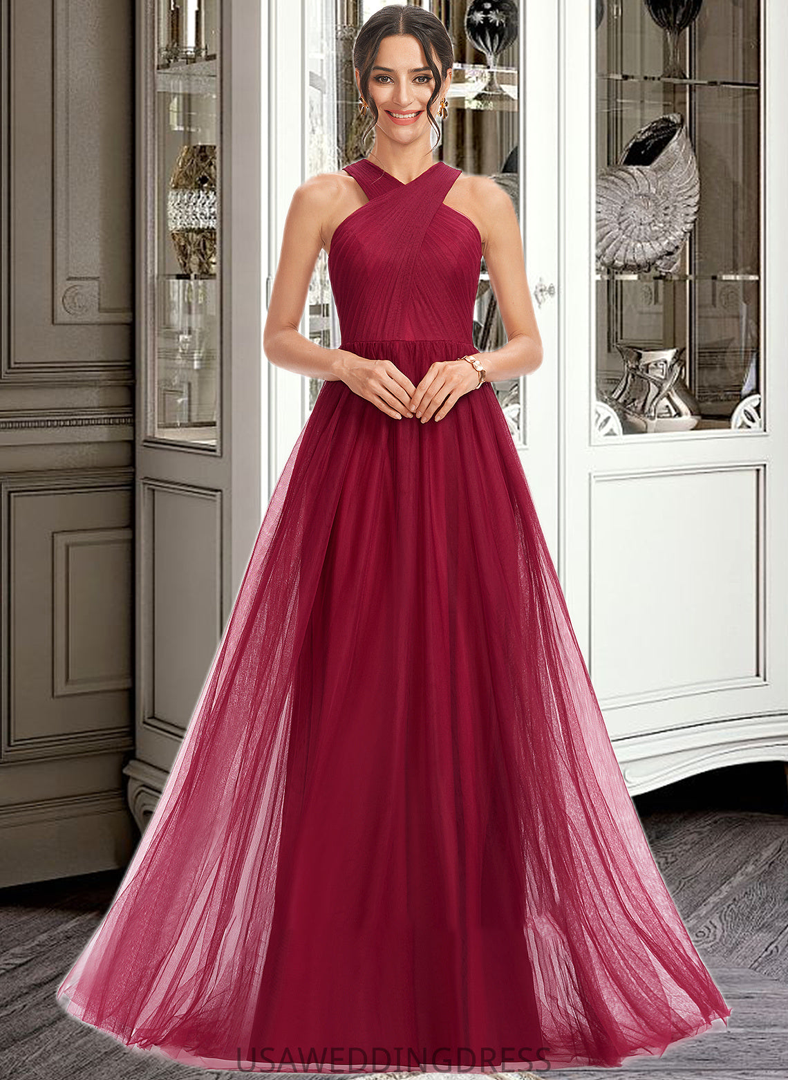 Taliyah A-Line Halter Floor-Length Bridesmaid Dress With Ruffle DSP0013274