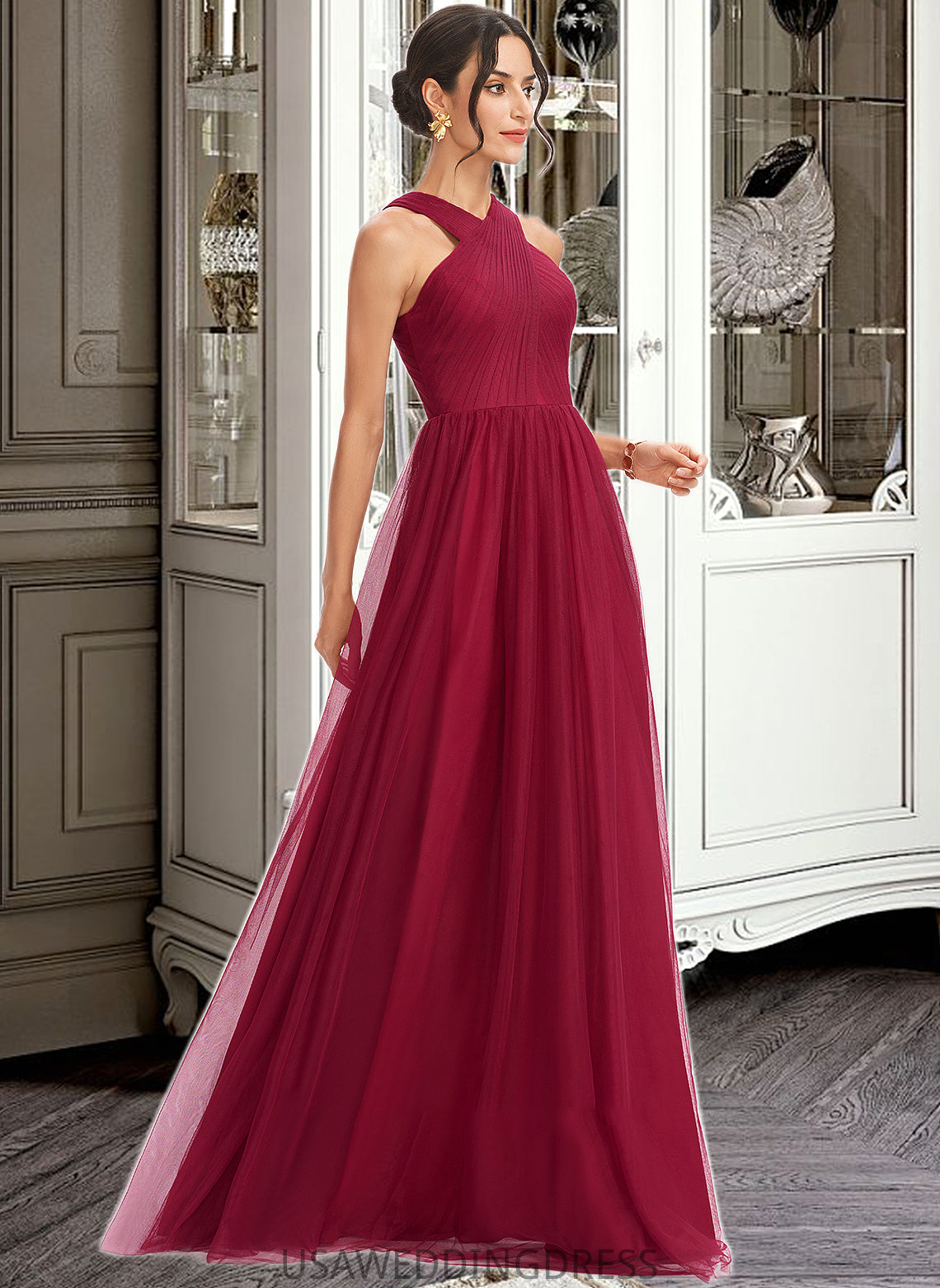 Taliyah A-Line Halter Floor-Length Bridesmaid Dress With Ruffle DSP0013274