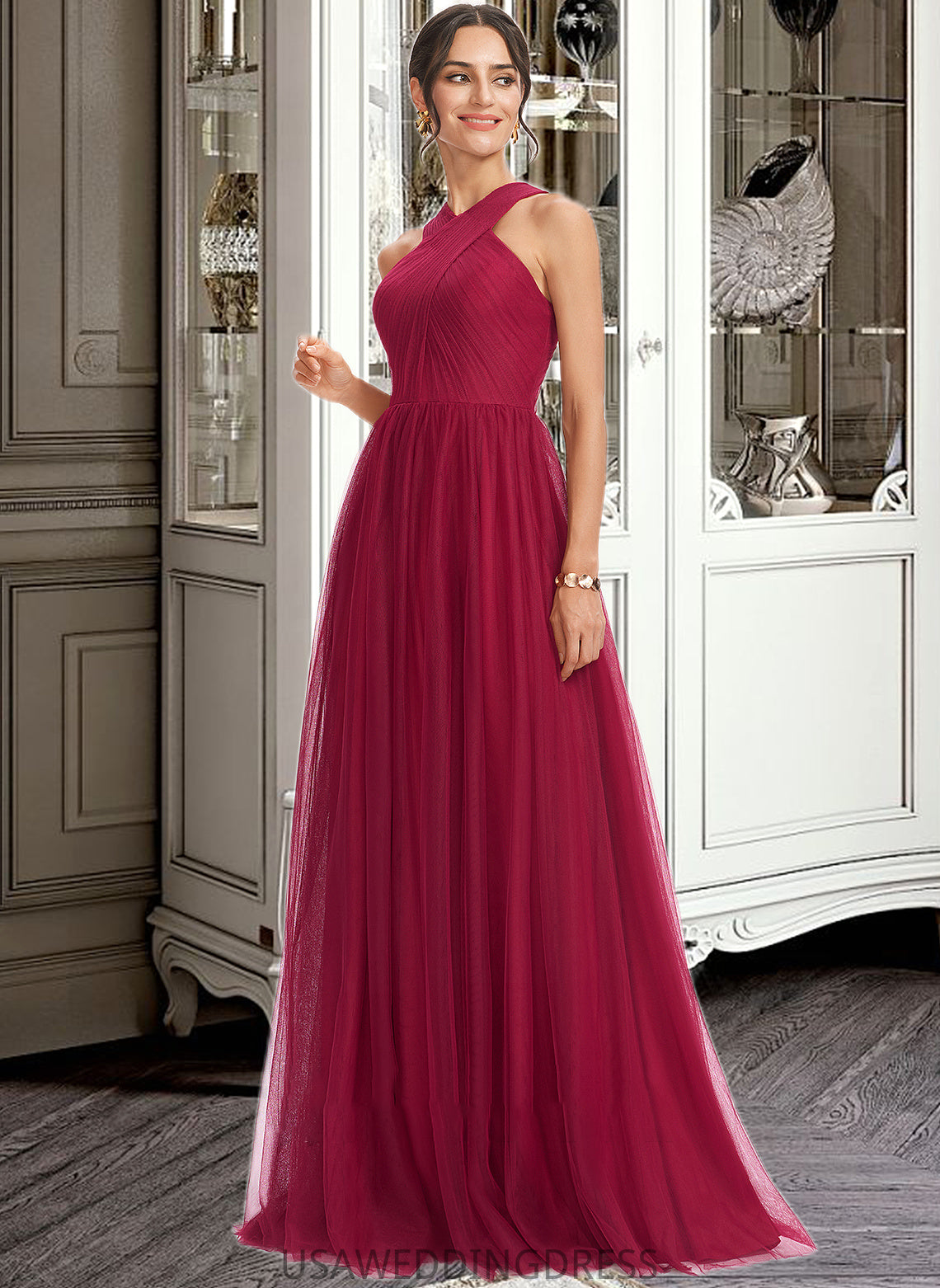 Taliyah A-Line Halter Floor-Length Bridesmaid Dress With Ruffle DSP0013274