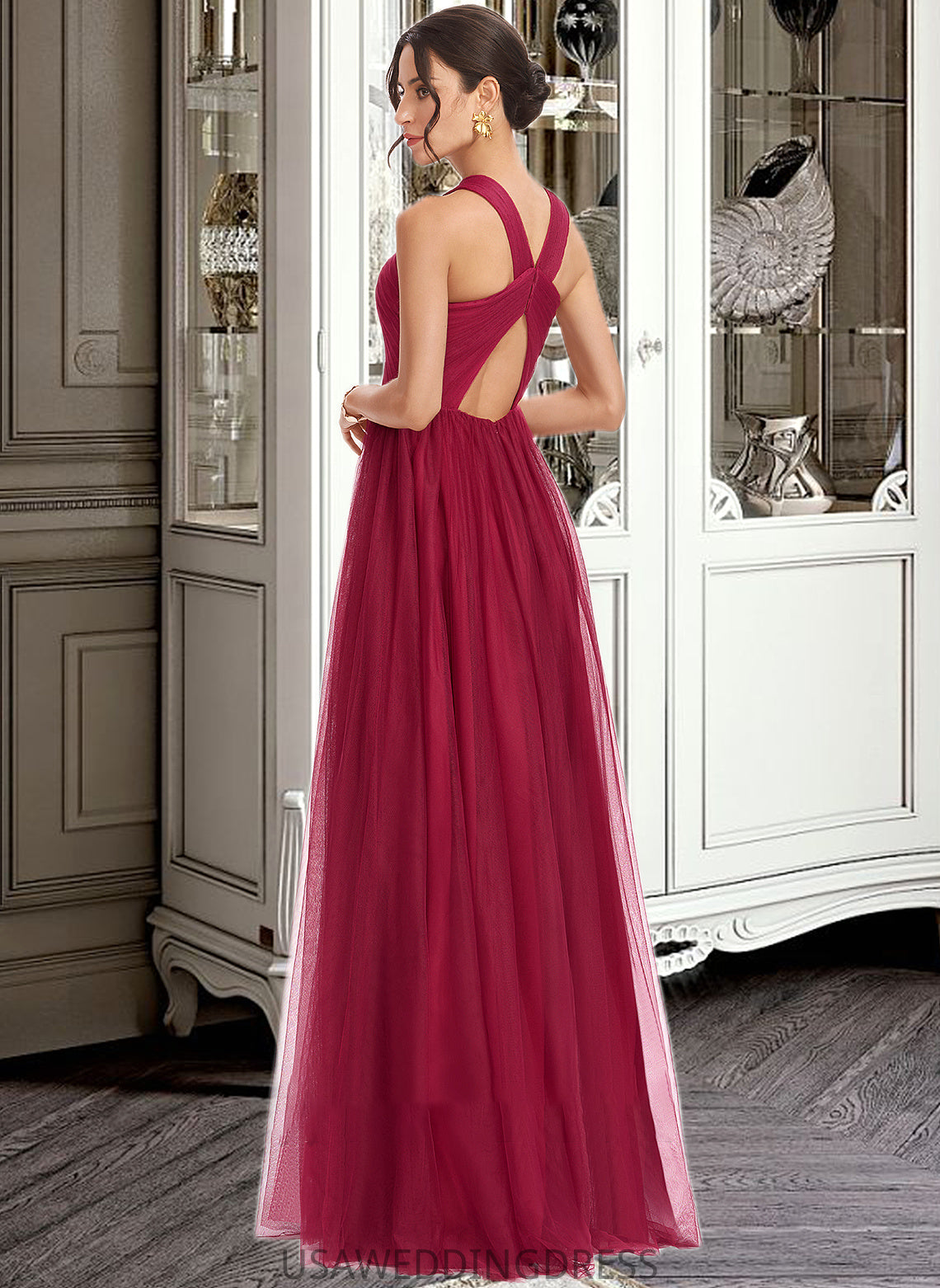 Taliyah A-Line Halter Floor-Length Bridesmaid Dress With Ruffle DSP0013274