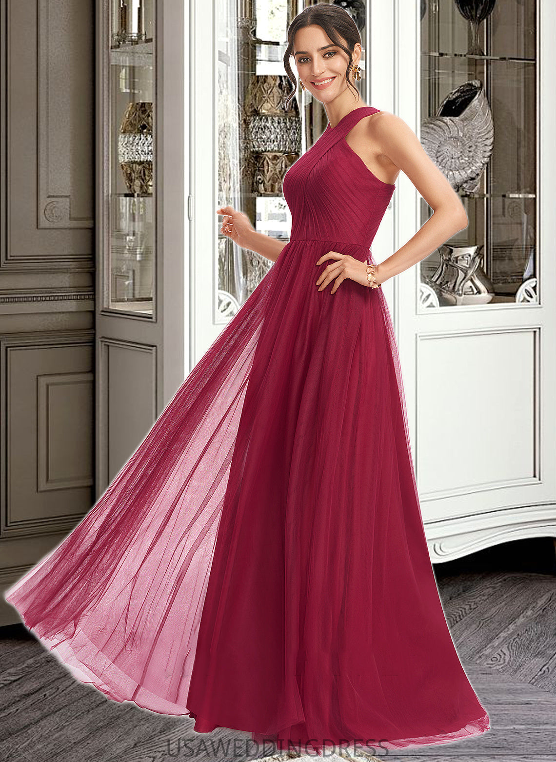 Taliyah A-Line Halter Floor-Length Bridesmaid Dress With Ruffle DSP0013274