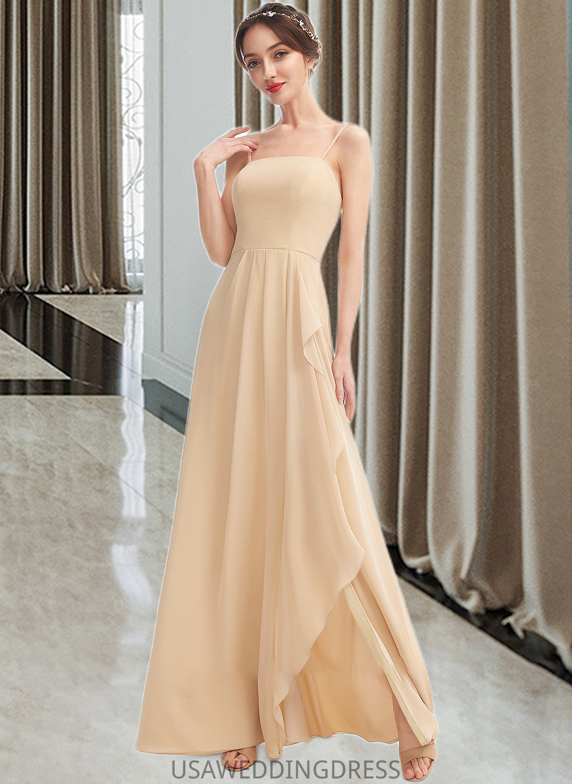 Iliana A-Line Square Neckline Floor-Length Bridesmaid Dress With Split Front DSP0013275