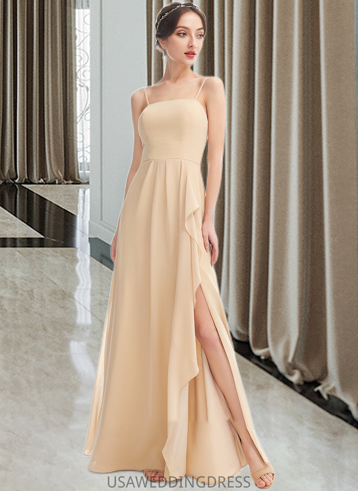 Iliana A-Line Square Neckline Floor-Length Bridesmaid Dress With Split Front DSP0013275