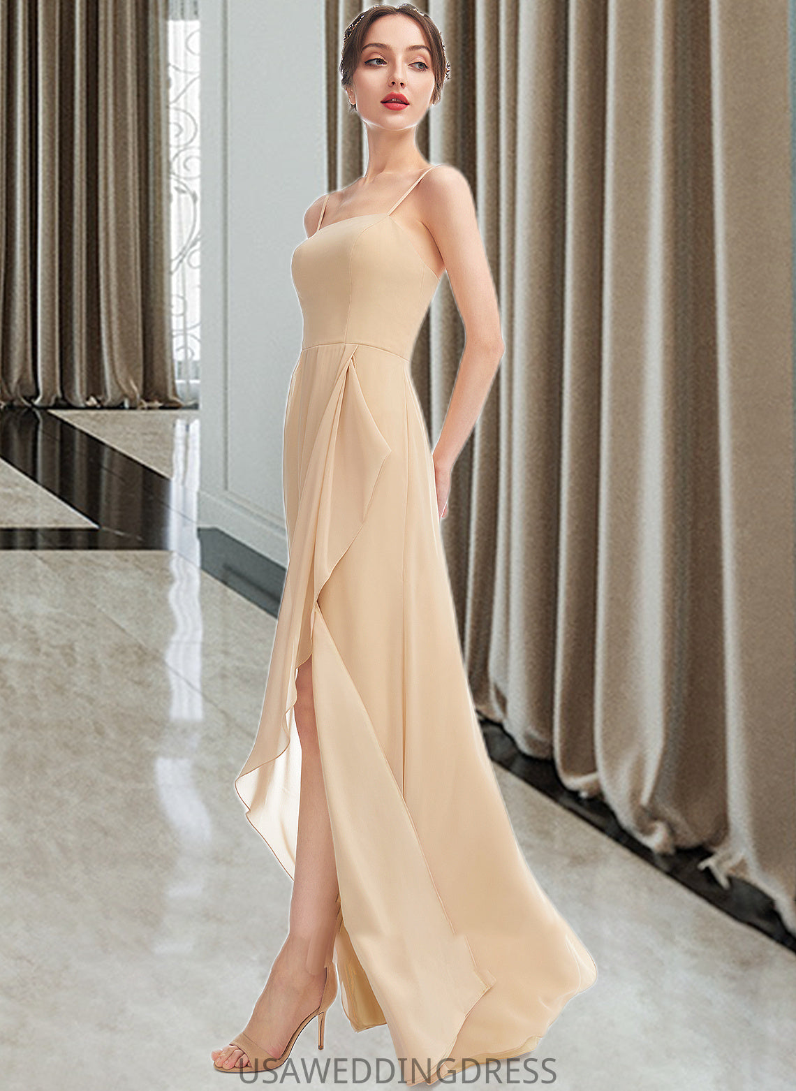 Iliana A-Line Square Neckline Floor-Length Bridesmaid Dress With Split Front DSP0013275