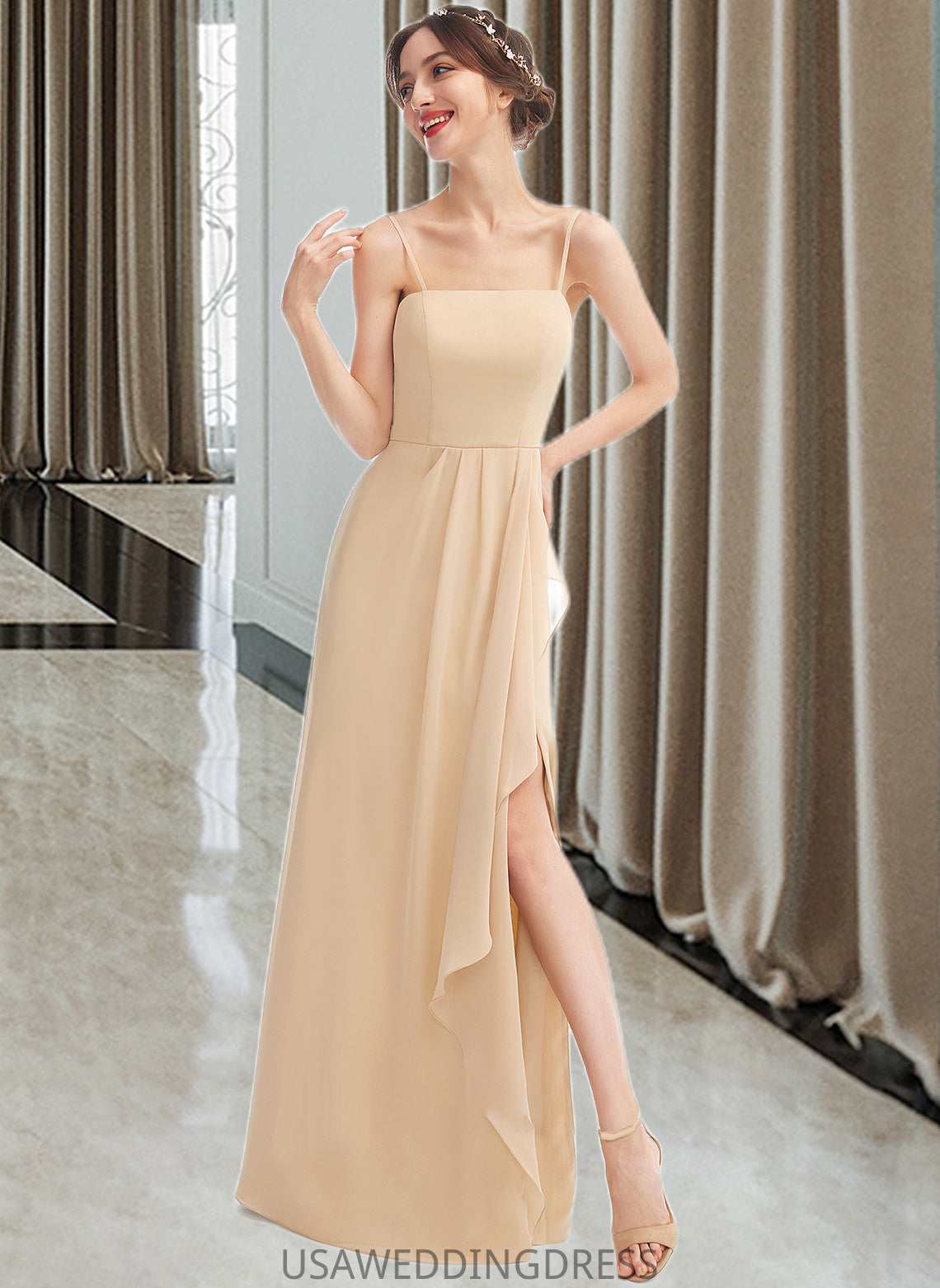 Iliana A-Line Square Neckline Floor-Length Bridesmaid Dress With Split Front DSP0013275