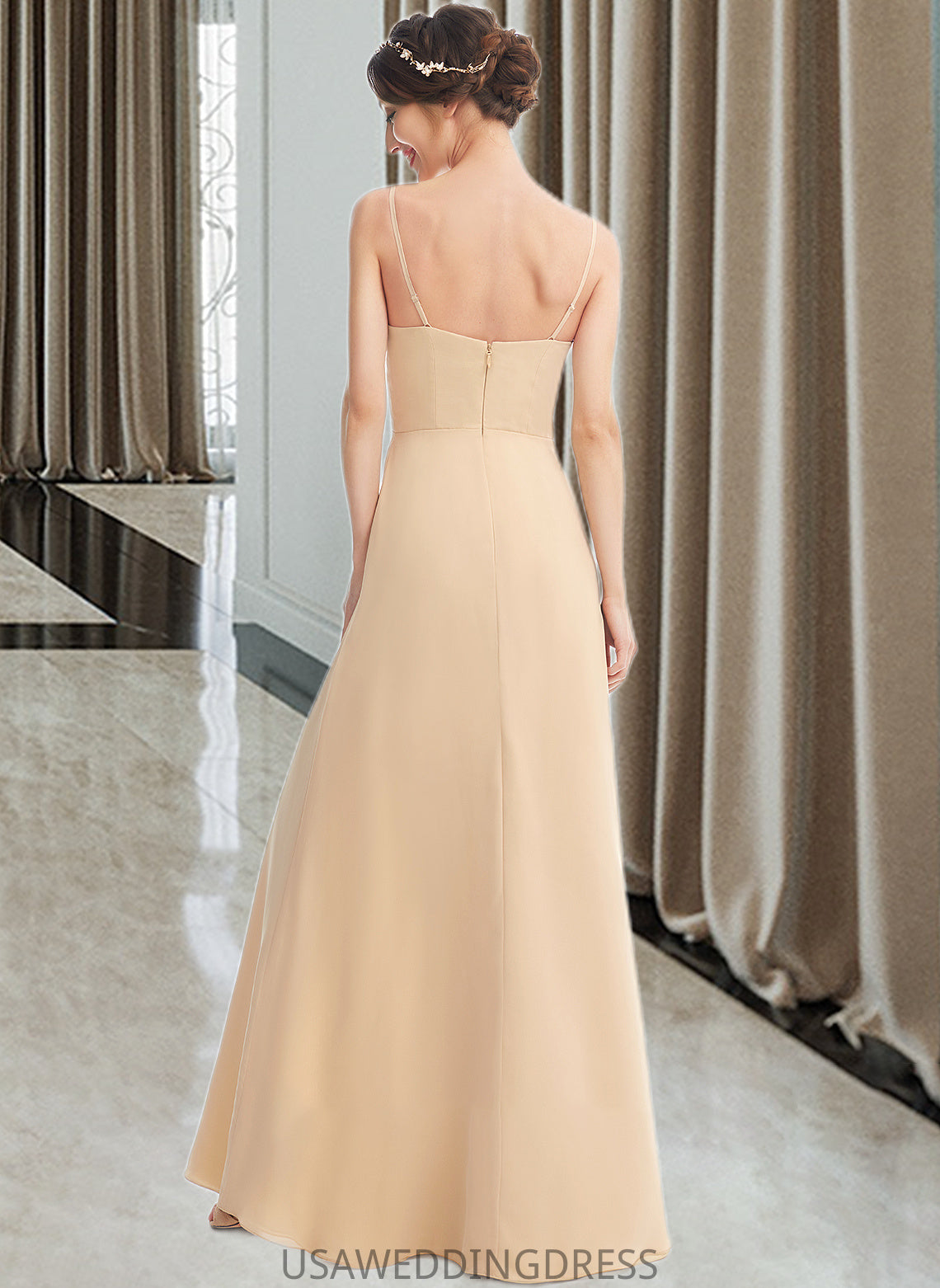 Iliana A-Line Square Neckline Floor-Length Bridesmaid Dress With Split Front DSP0013275