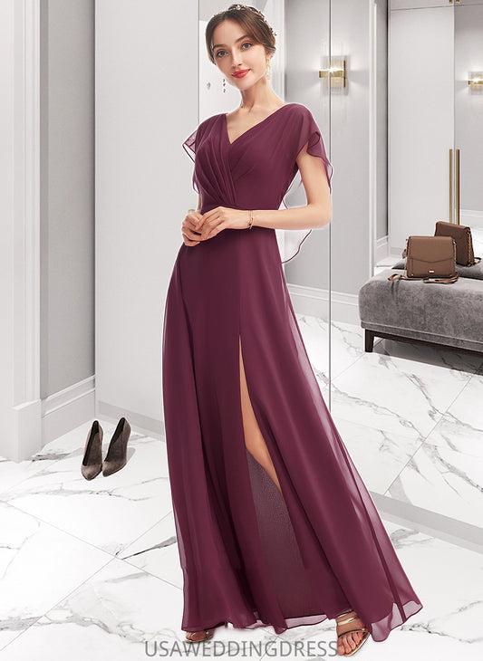 Adrianna A-Line V-neck Floor-Length Bridesmaid Dress With Ruffle Split Front DSP0013276