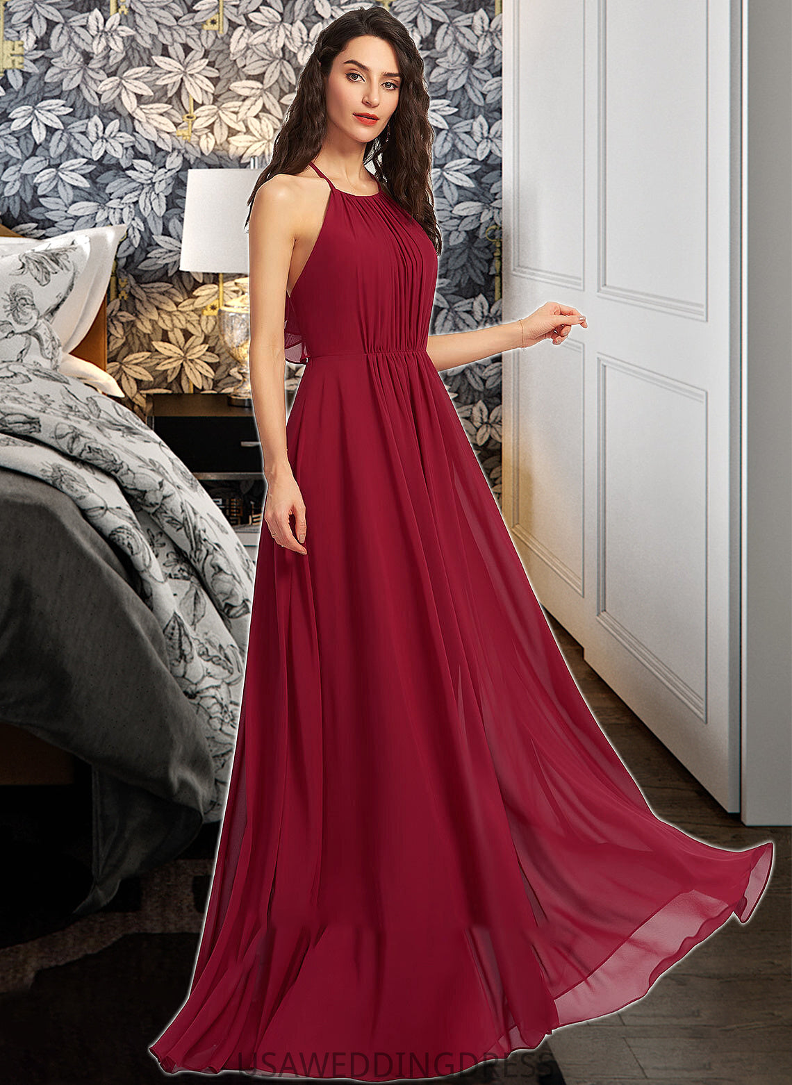 Kylee A-Line Scoop Neck Floor-Length Bridesmaid Dress With Ruffle DSP0013277