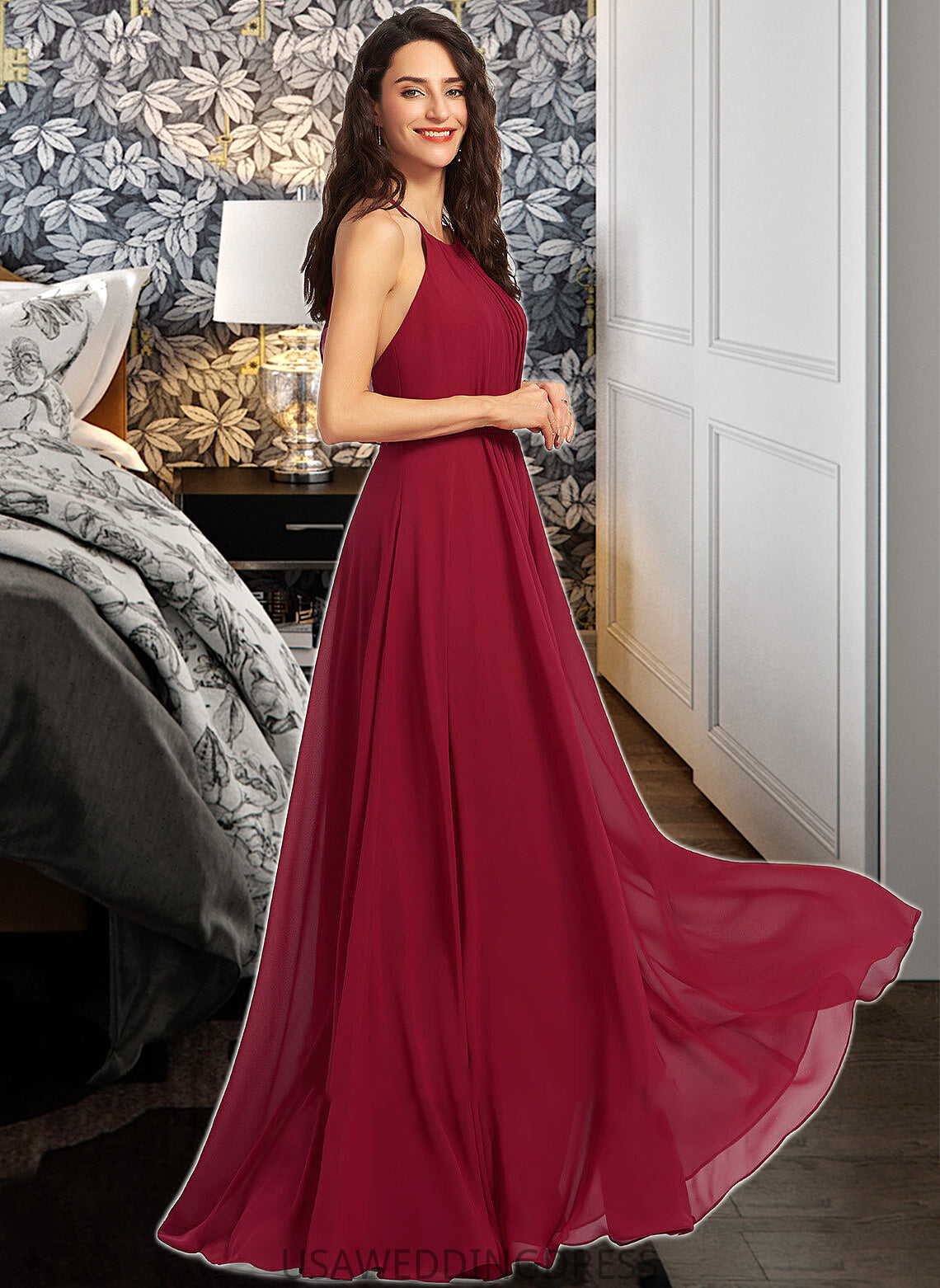 Kylee A-Line Scoop Neck Floor-Length Bridesmaid Dress With Ruffle DSP0013277