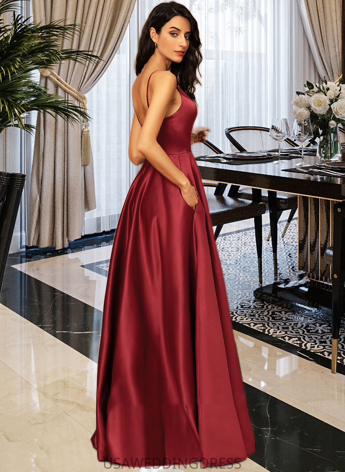 Anya A-Line V-neck Floor-Length Satin Bridesmaid Dress With Pockets DSP0013279