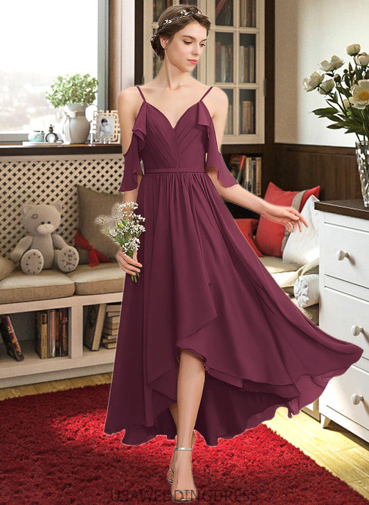 Miracle A-Line V-neck Asymmetrical Chiffon Bridesmaid Dress With Cascading Ruffles DSP0013280