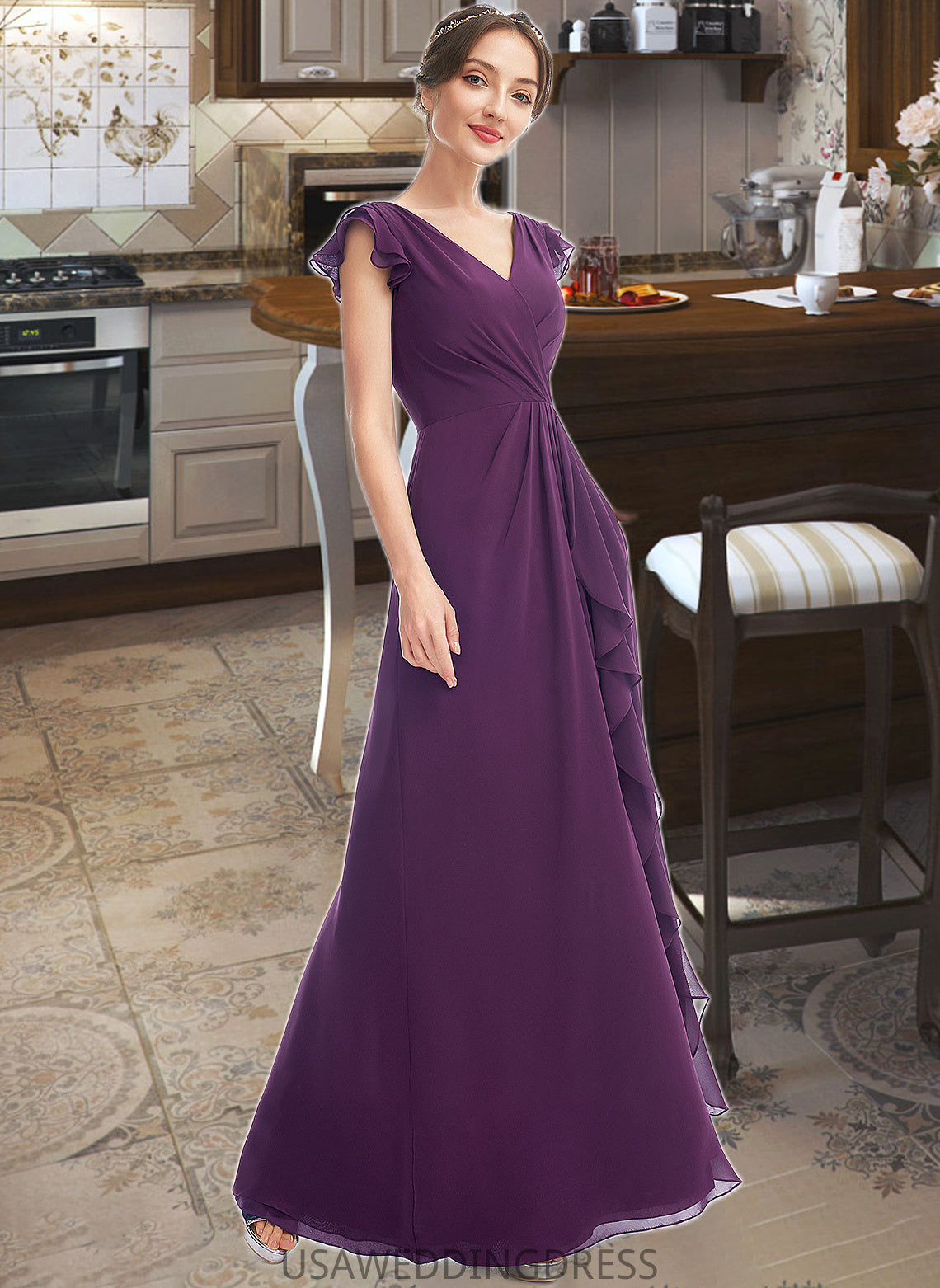 Sal A-Line V-neck Floor-Length Bridesmaid Dress With Ruffle Pockets DSP0013285