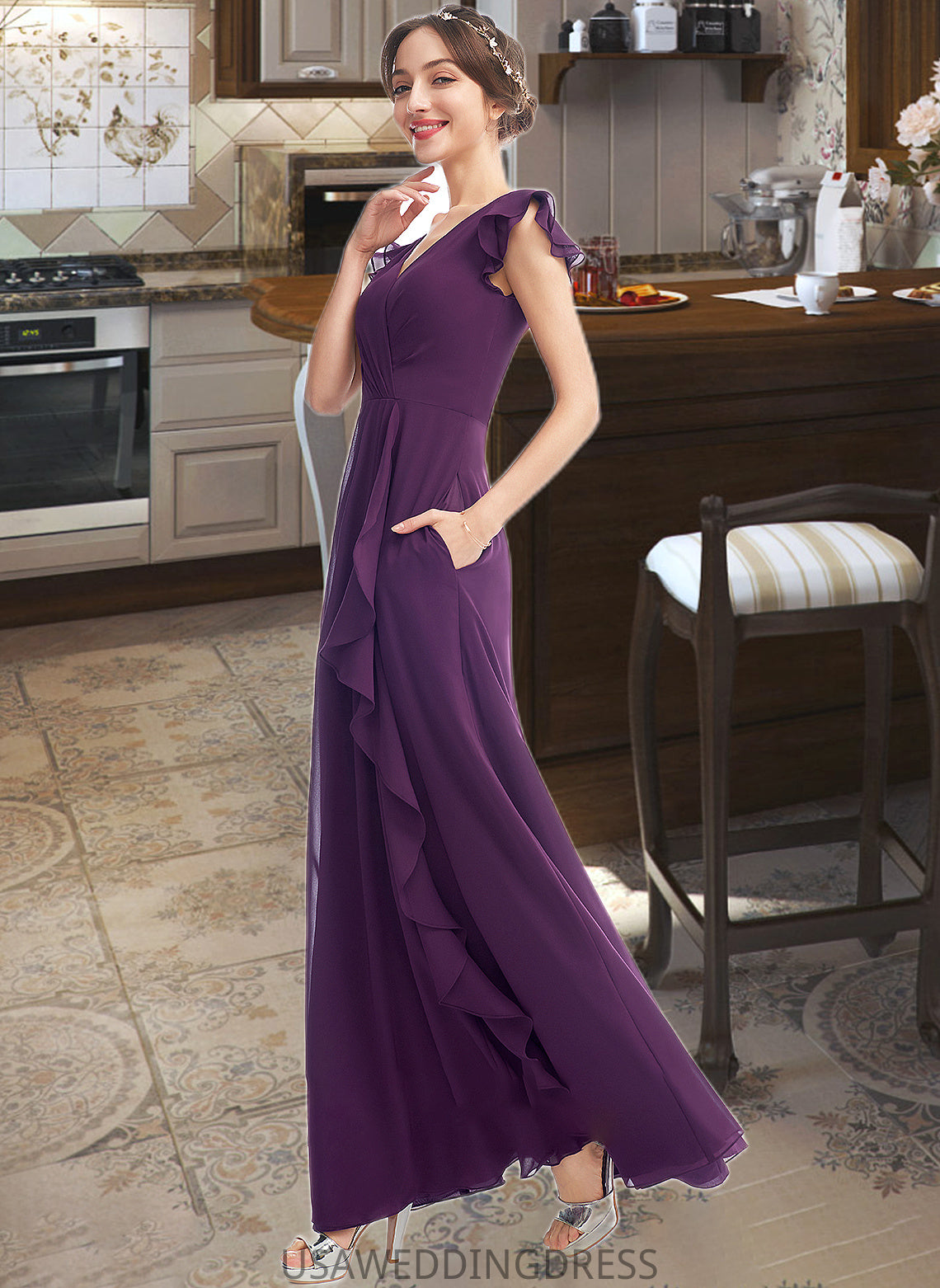 Sal A-Line V-neck Floor-Length Bridesmaid Dress With Ruffle Pockets DSP0013285