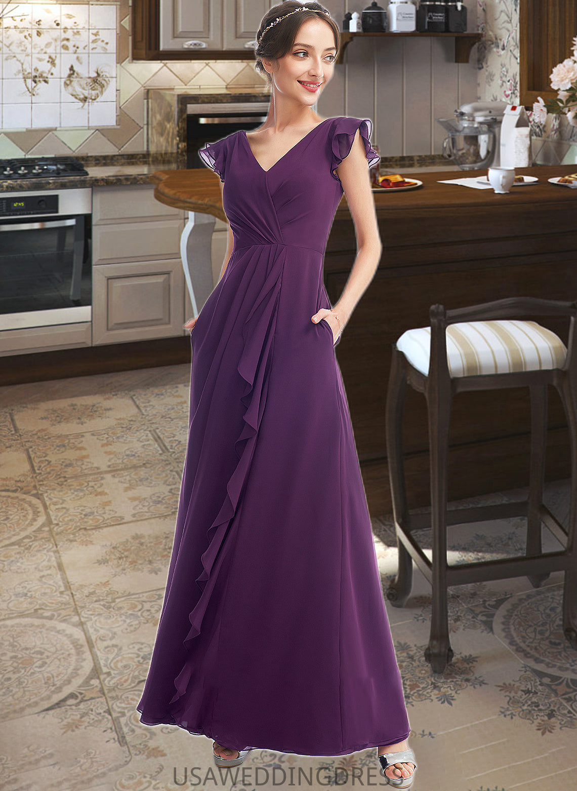 Sal A-Line V-neck Floor-Length Bridesmaid Dress With Ruffle Pockets DSP0013285