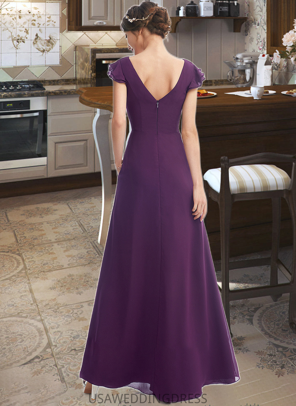 Sal A-Line V-neck Floor-Length Bridesmaid Dress With Ruffle Pockets DSP0013285