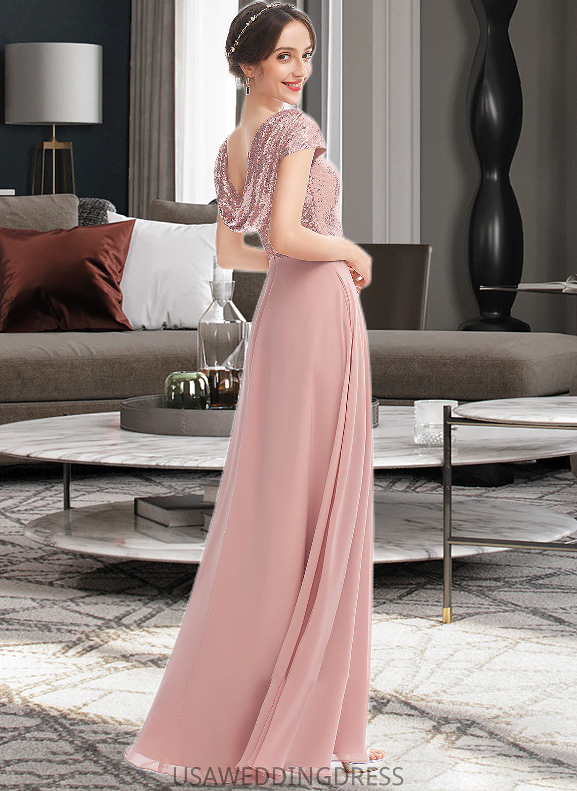 Ireland A-Line Scoop Neck Floor-Length Bridesmaid Dress With Sequins Split Front DSP0013286