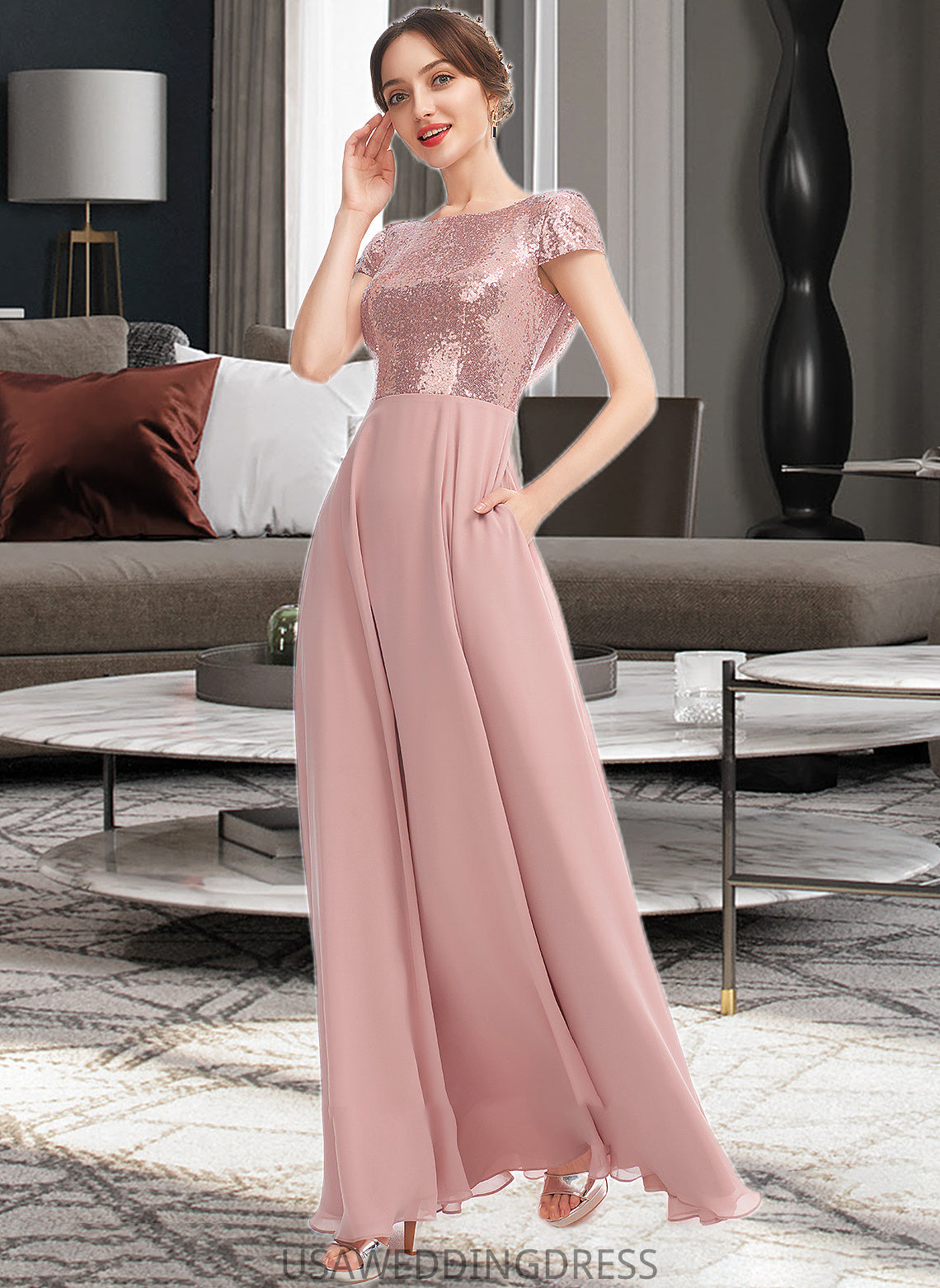 Ireland A-Line Scoop Neck Floor-Length Bridesmaid Dress With Sequins Split Front DSP0013286