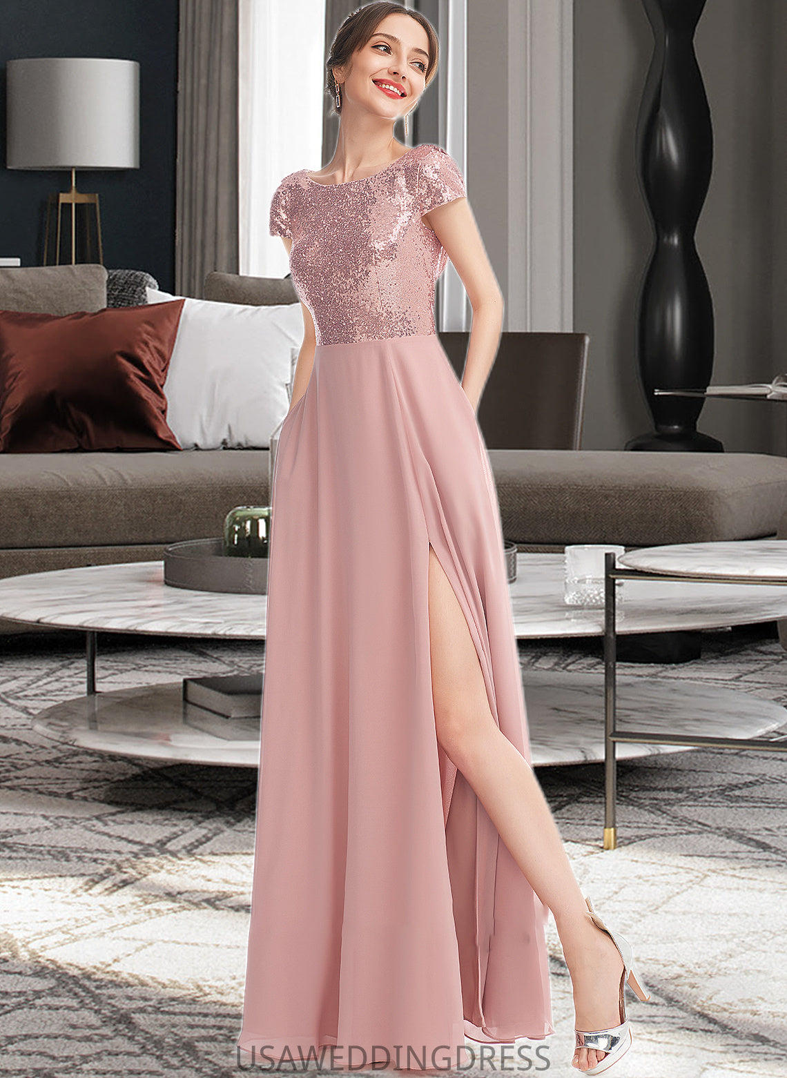 Ireland A-Line Scoop Neck Floor-Length Bridesmaid Dress With Sequins Split Front DSP0013286