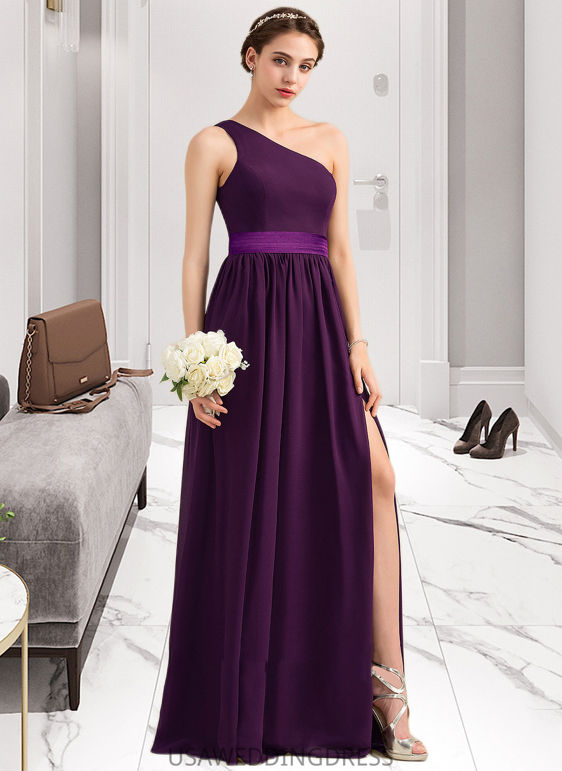 Meadow A-Line/Princess One-Shoulder Floor-Length Chiffon Charmeuse Bridesmaid Dress With Ruffle Split Front DSP0013288