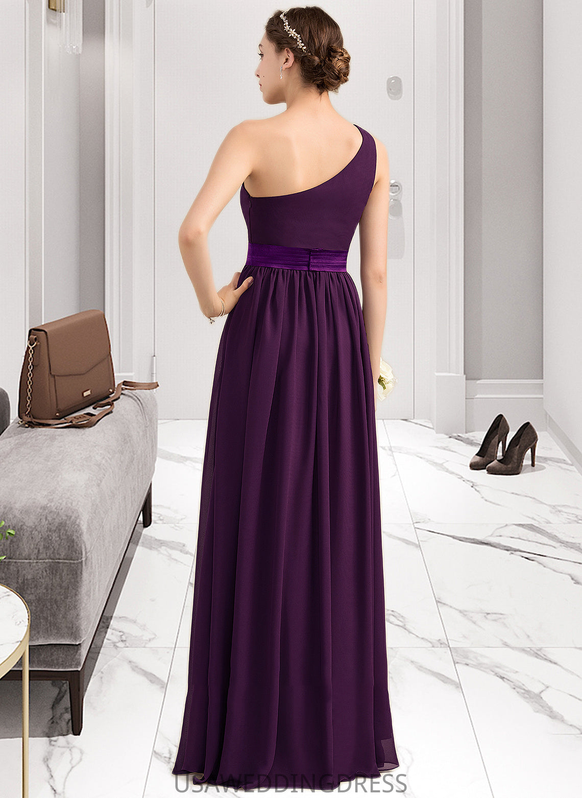 Meadow A-Line/Princess One-Shoulder Floor-Length Chiffon Charmeuse Bridesmaid Dress With Ruffle Split Front DSP0013288