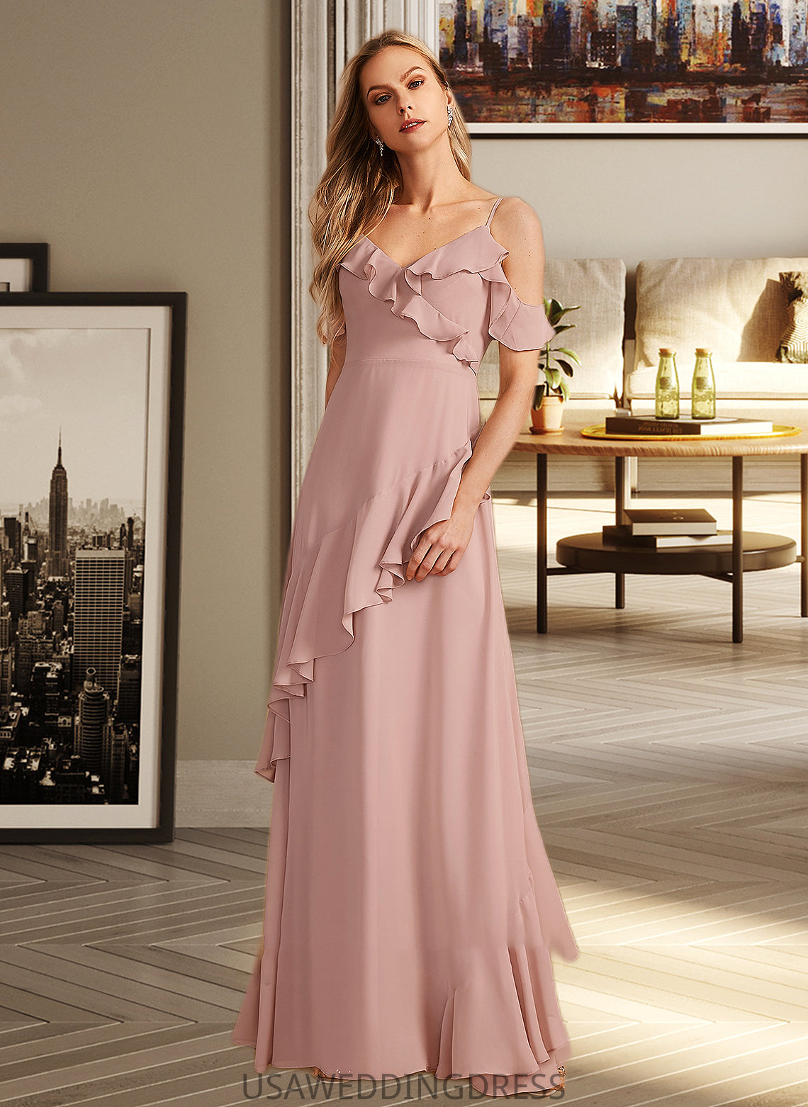 Jaylene A-Line V-neck Floor-Length Bridesmaid Dress With Ruffle DSP0013289