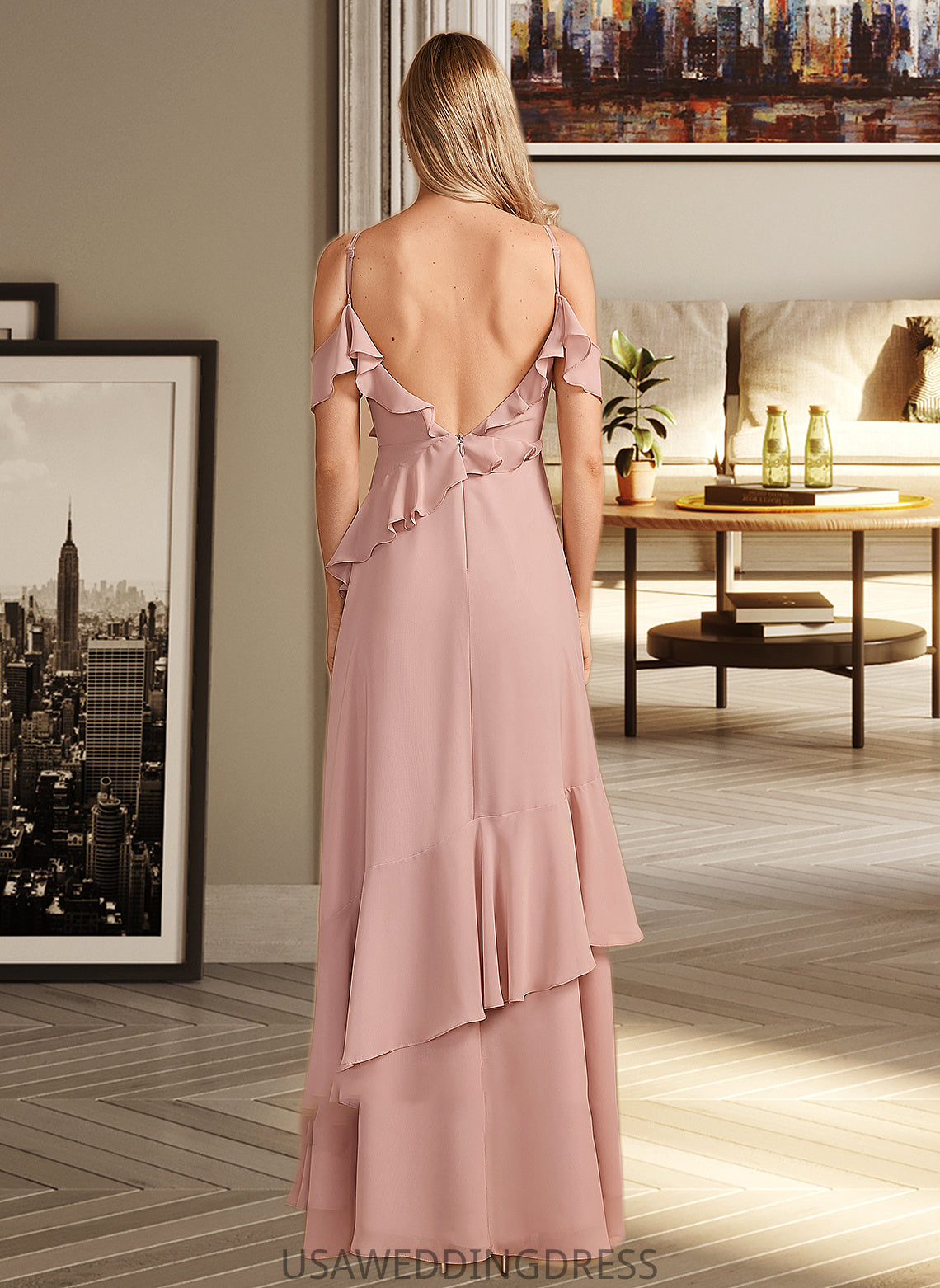 Jaylene A-Line V-neck Floor-Length Bridesmaid Dress With Ruffle DSP0013289