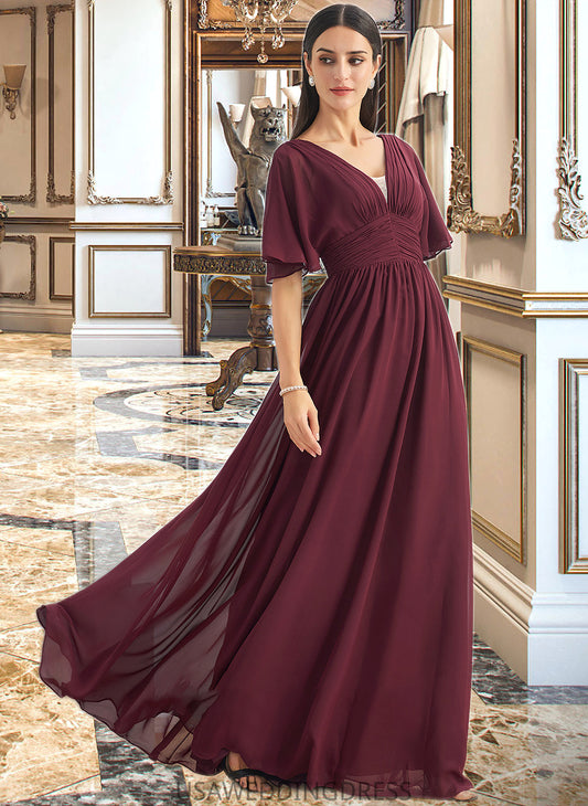 Whitney A-Line V-neck Floor-Length Bridesmaid Dress With Ruffle DSP0013292