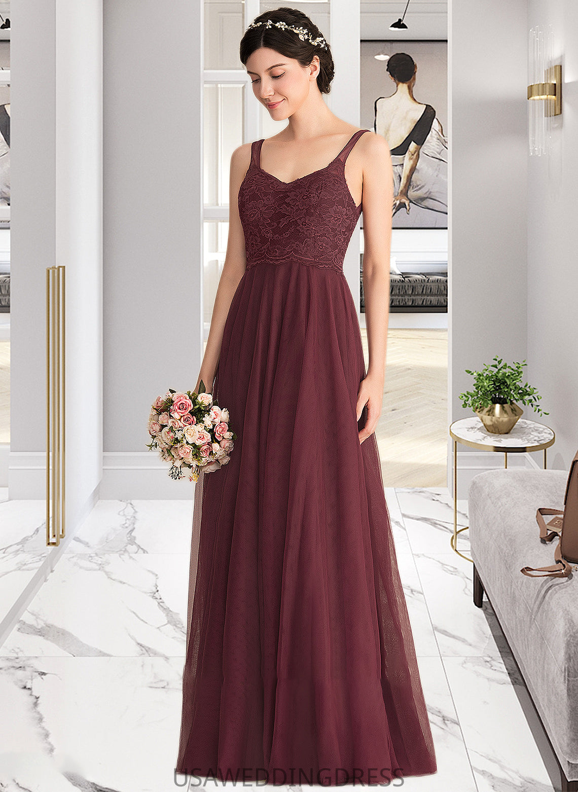 Kristen A-Line/Princess V-neck Floor-Length Tulle Lace Bridesmaid Dress DSP0013295