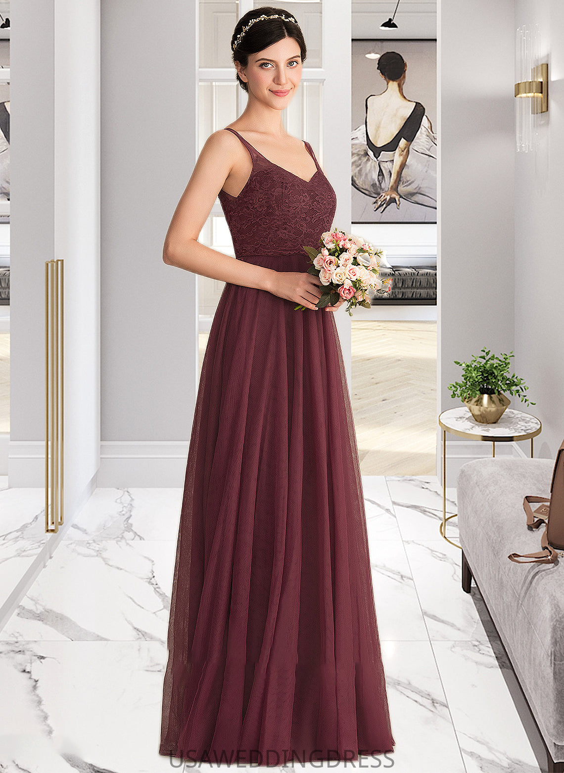 Kristen A-Line/Princess V-neck Floor-Length Tulle Lace Bridesmaid Dress DSP0013295