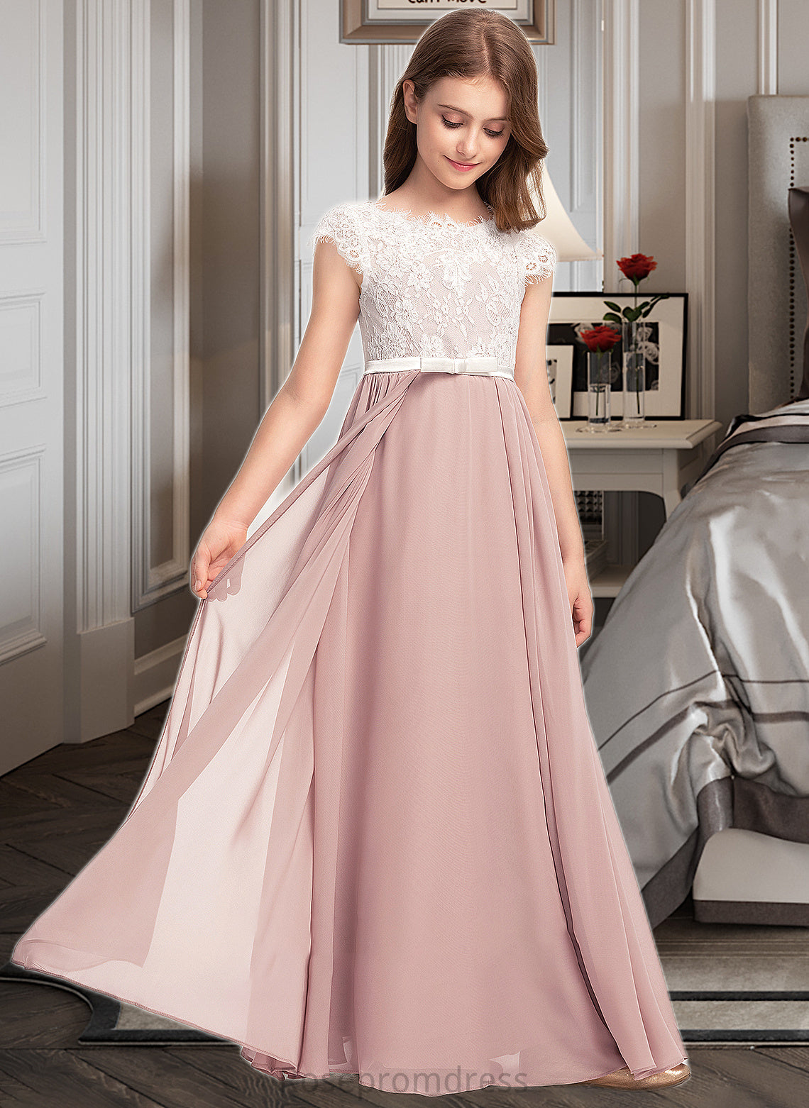 Krista A-Line Scoop Neck Floor-Length Chiffon Lace Junior Bridesmaid Dress With Bow(s) SRSP0013305