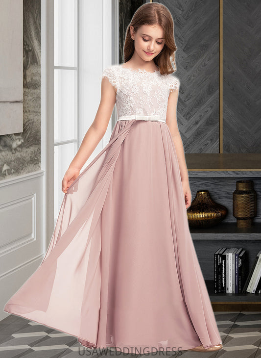 Aubree A-Line Scoop Neck Floor-Length Chiffon Lace Junior Bridesmaid Dress With Bow(s) DSP0013305