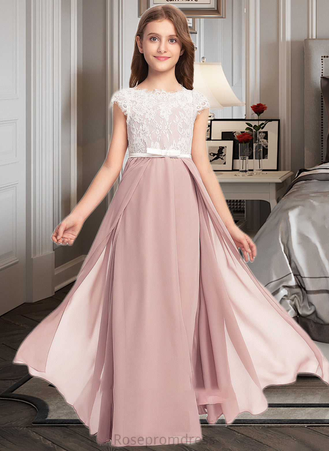 Krista A-Line Scoop Neck Floor-Length Chiffon Lace Junior Bridesmaid Dress With Bow(s) SRSP0013305