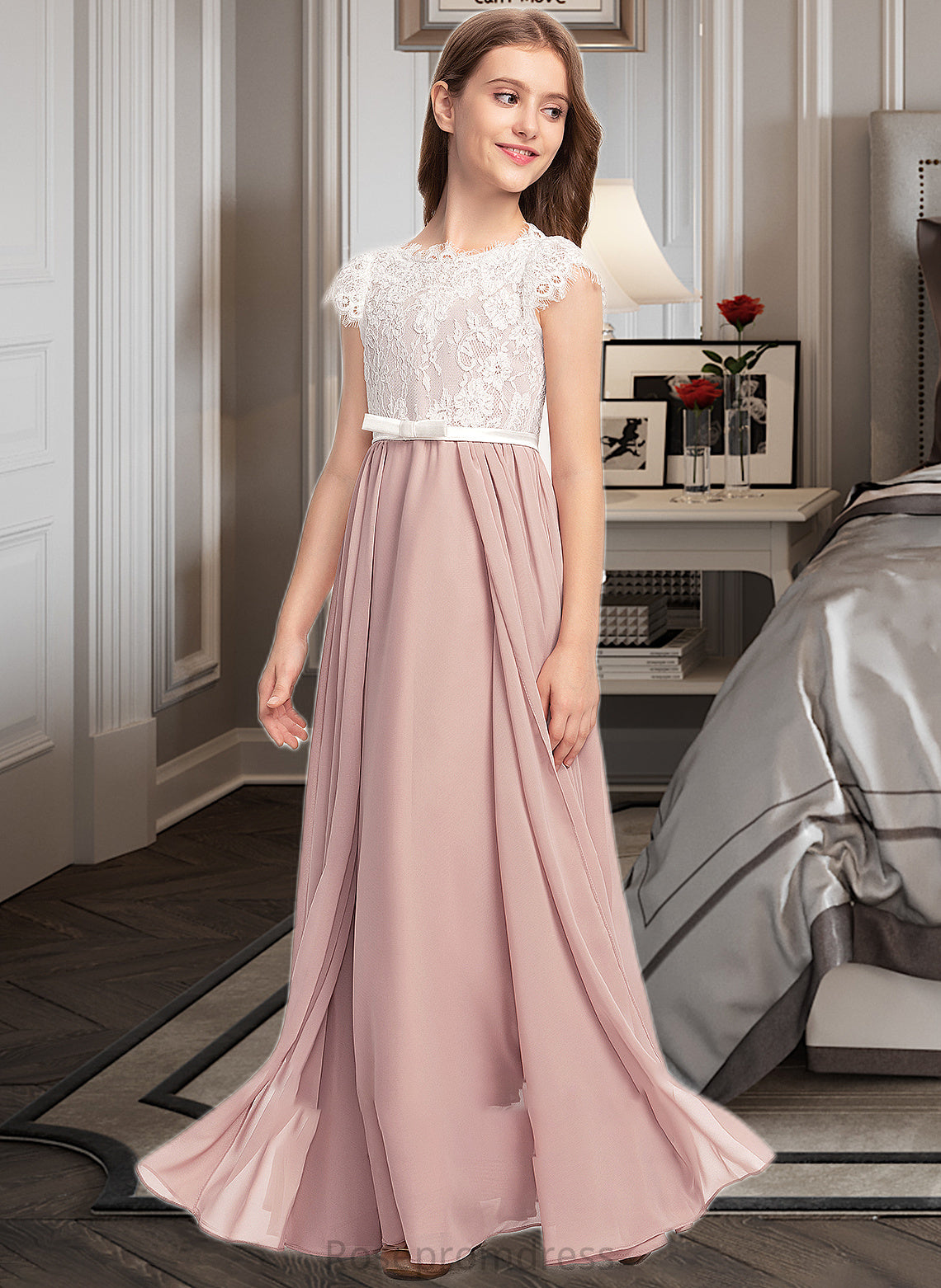 Krista A-Line Scoop Neck Floor-Length Chiffon Lace Junior Bridesmaid Dress With Bow(s) SRSP0013305