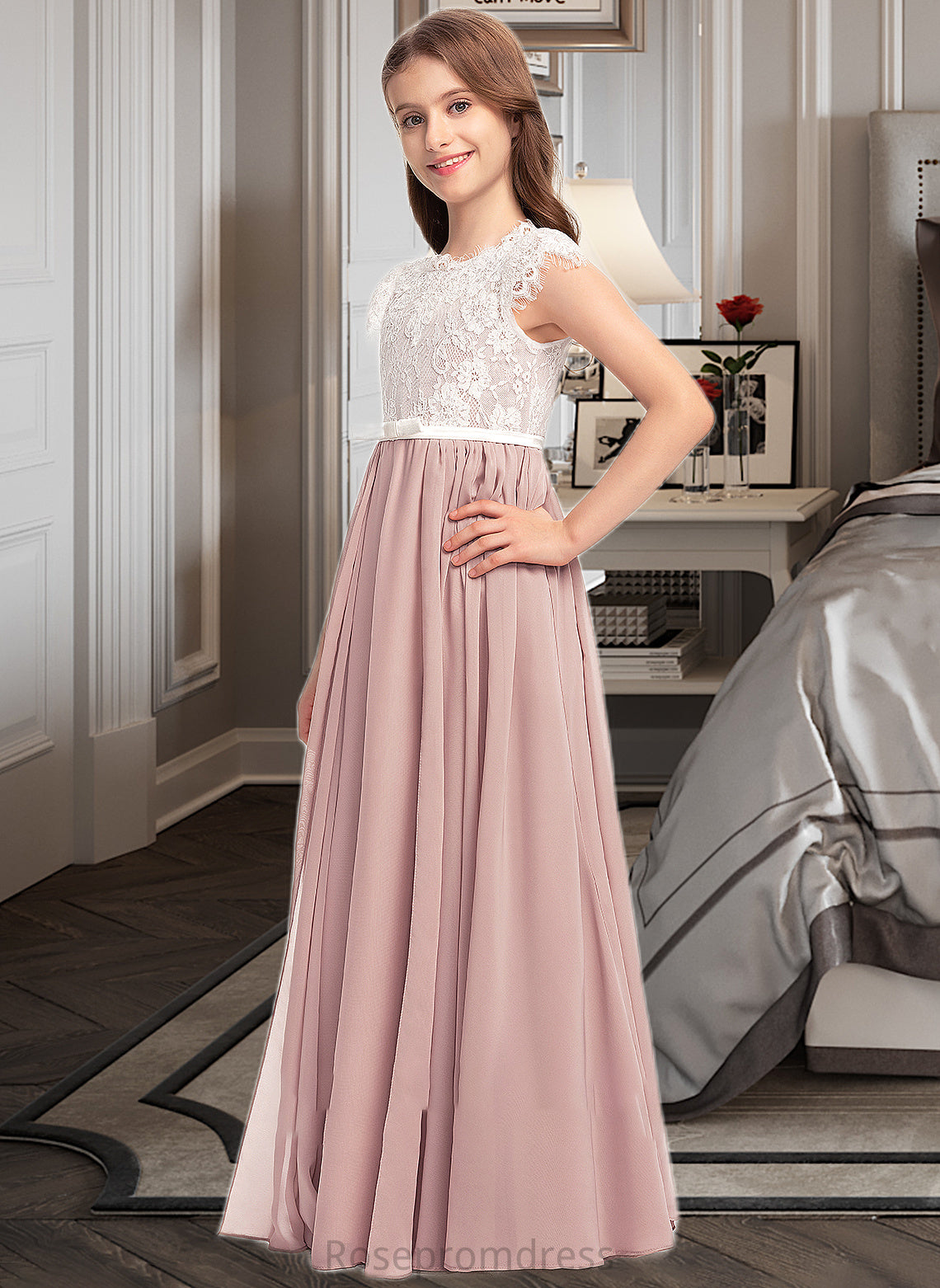 Krista A-Line Scoop Neck Floor-Length Chiffon Lace Junior Bridesmaid Dress With Bow(s) SRSP0013305