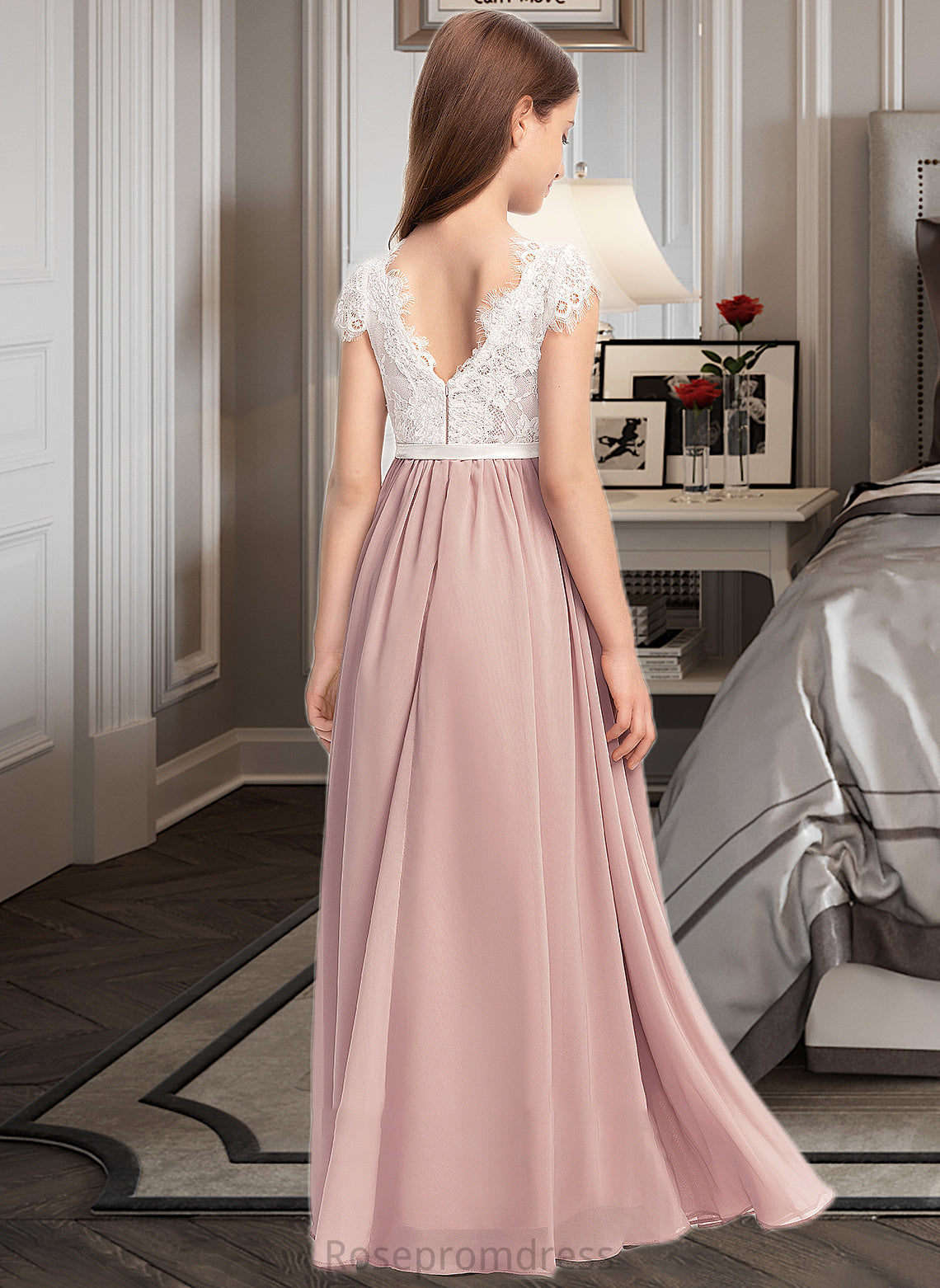 Krista A-Line Scoop Neck Floor-Length Chiffon Lace Junior Bridesmaid Dress With Bow(s) SRSP0013305