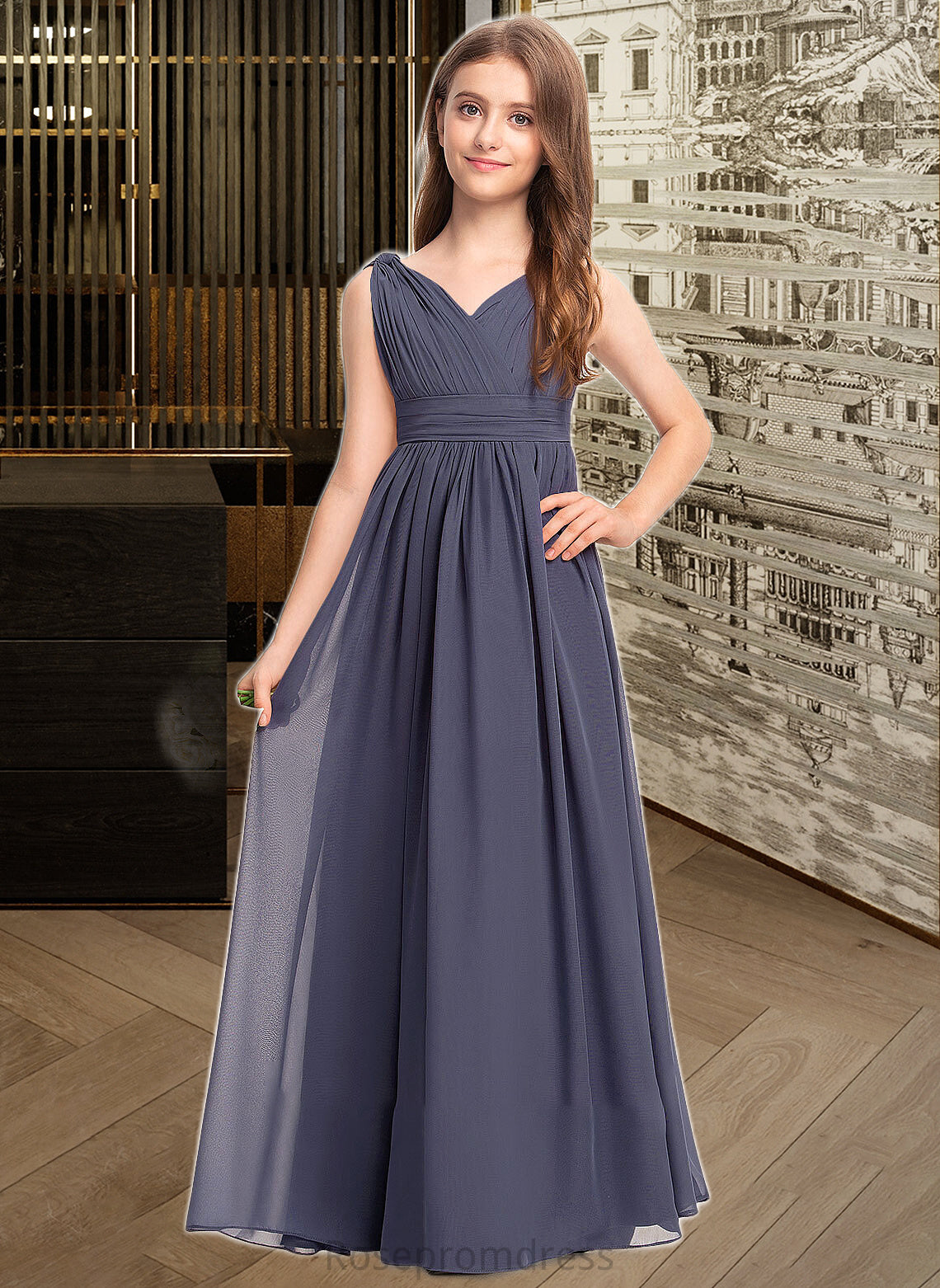 Amara A-Line V-neck Floor-Length Chiffon Junior Bridesmaid Dress With Ruffle SRSP0013307