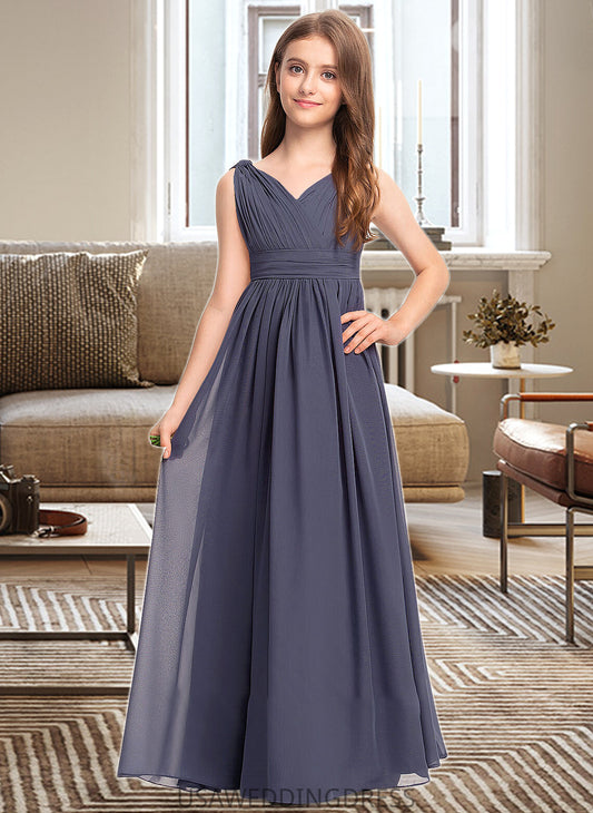 Sanai A-Line V-neck Floor-Length Chiffon Junior Bridesmaid Dress With Ruffle DSP0013307