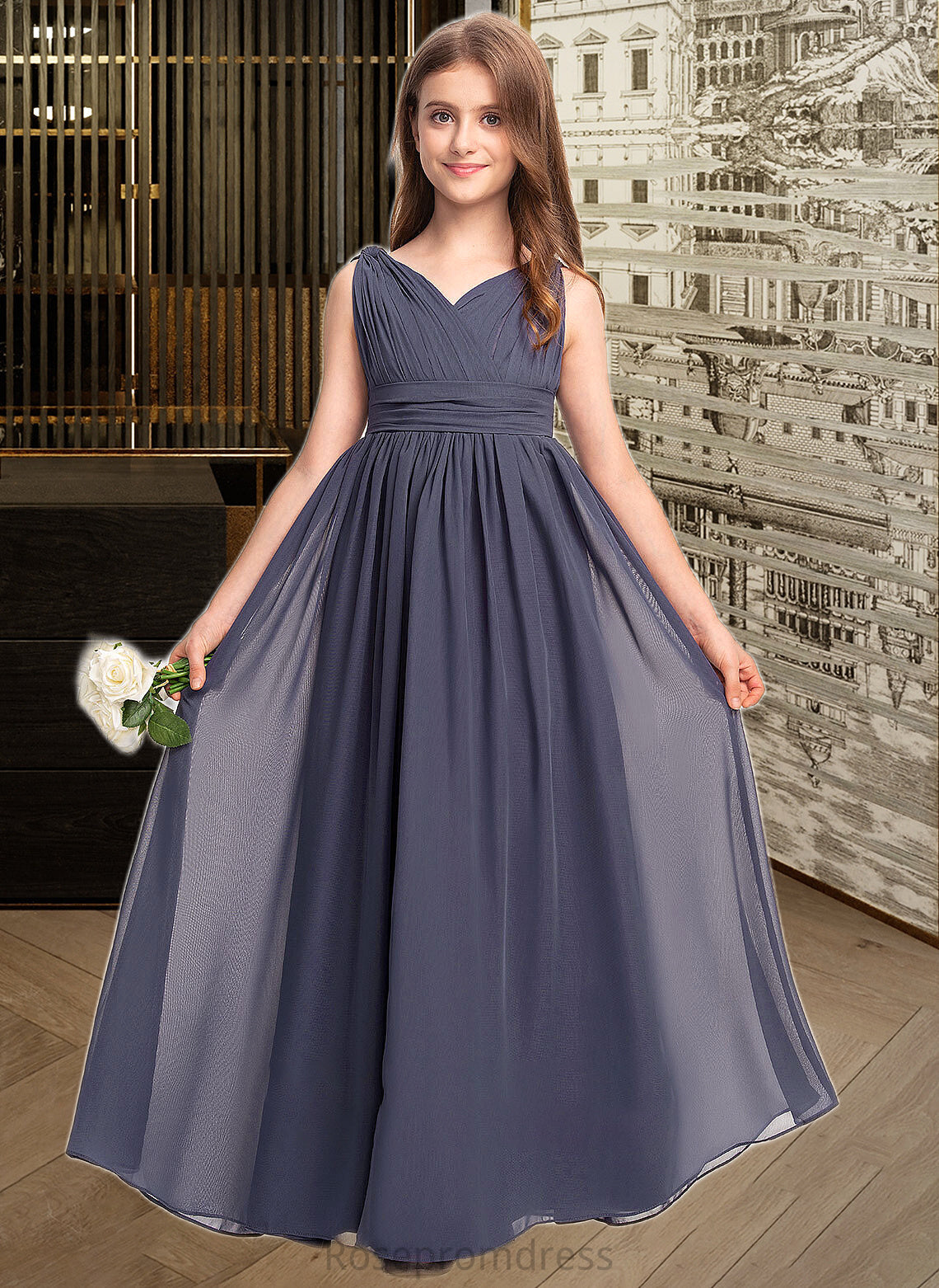 Amara A-Line V-neck Floor-Length Chiffon Junior Bridesmaid Dress With Ruffle SRSP0013307