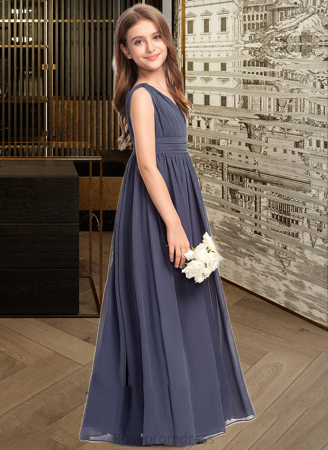 Amara A-Line V-neck Floor-Length Chiffon Junior Bridesmaid Dress With Ruffle SRSP0013307