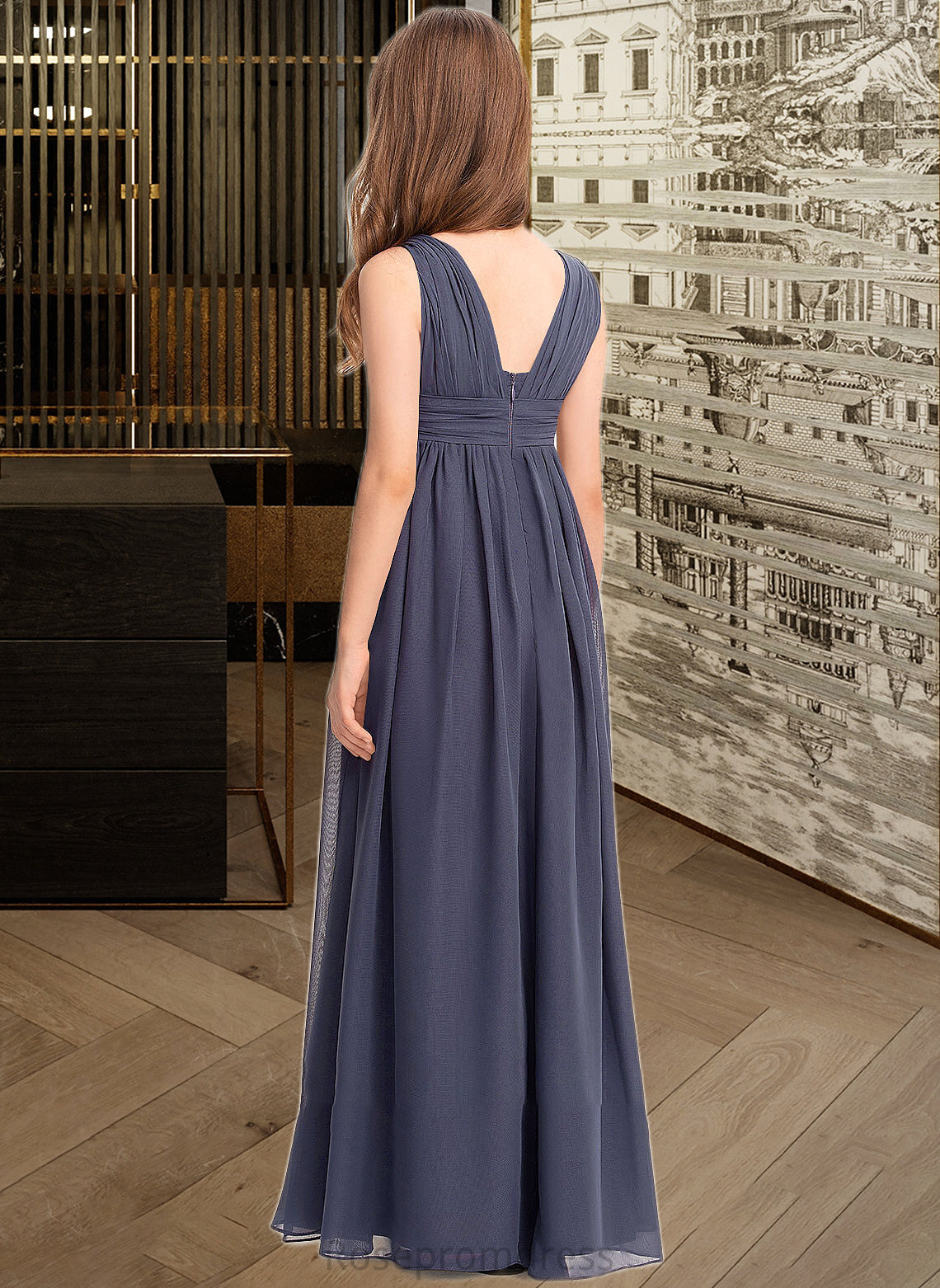 Amara A-Line V-neck Floor-Length Chiffon Junior Bridesmaid Dress With Ruffle SRSP0013307