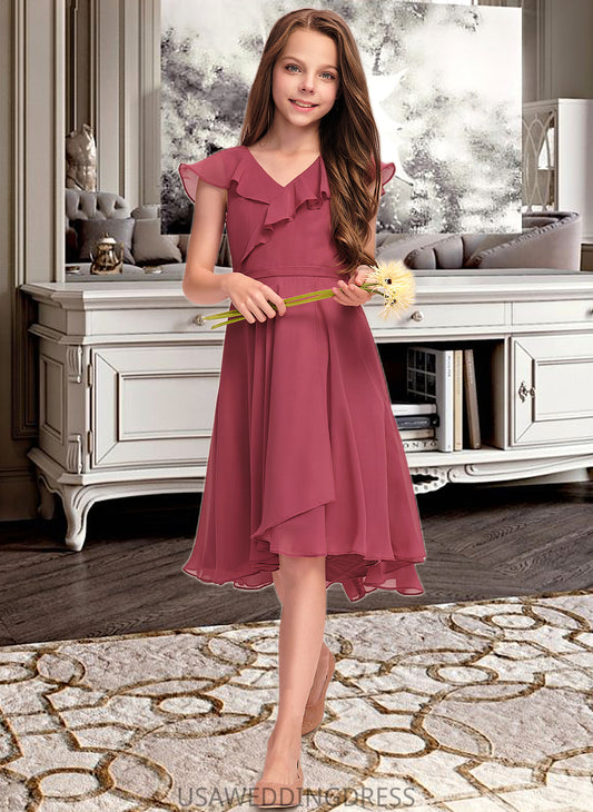 Brenna A-Line V-neck Asymmetrical Chiffon Junior Bridesmaid Dress With Cascading Ruffles DSP0013309