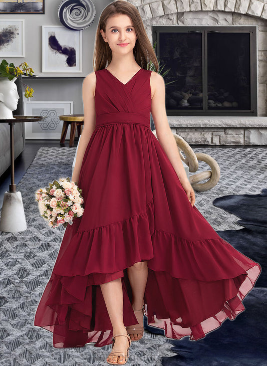 Tamara A-Line V-neck Asymmetrical Chiffon Junior Bridesmaid Dress With Bow(s) Cascading Ruffles SRSP0013310