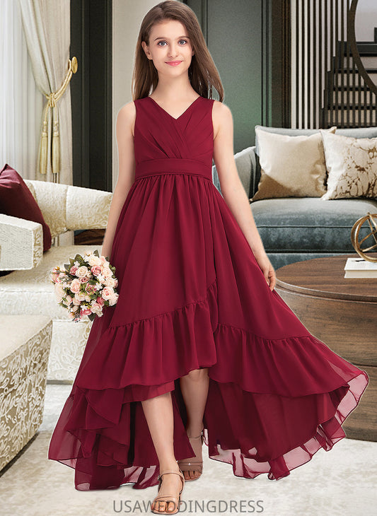 Dayanara A-Line V-neck Asymmetrical Chiffon Junior Bridesmaid Dress With Bow(s) Cascading Ruffles DSP0013310