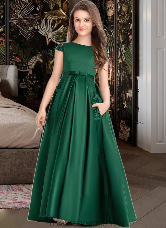 Nathalia Ball-Gown/Princess Scoop Neck Floor-Length Satin Lace Junior Bridesmaid Dress With Bow(s) Pockets DSP0013311