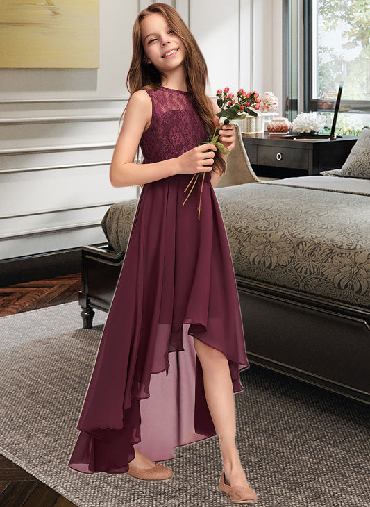 Myah A-Line Scoop Neck Asymmetrical Chiffon Lace Junior Bridesmaid Dress With Bow(s) SRSP0013312